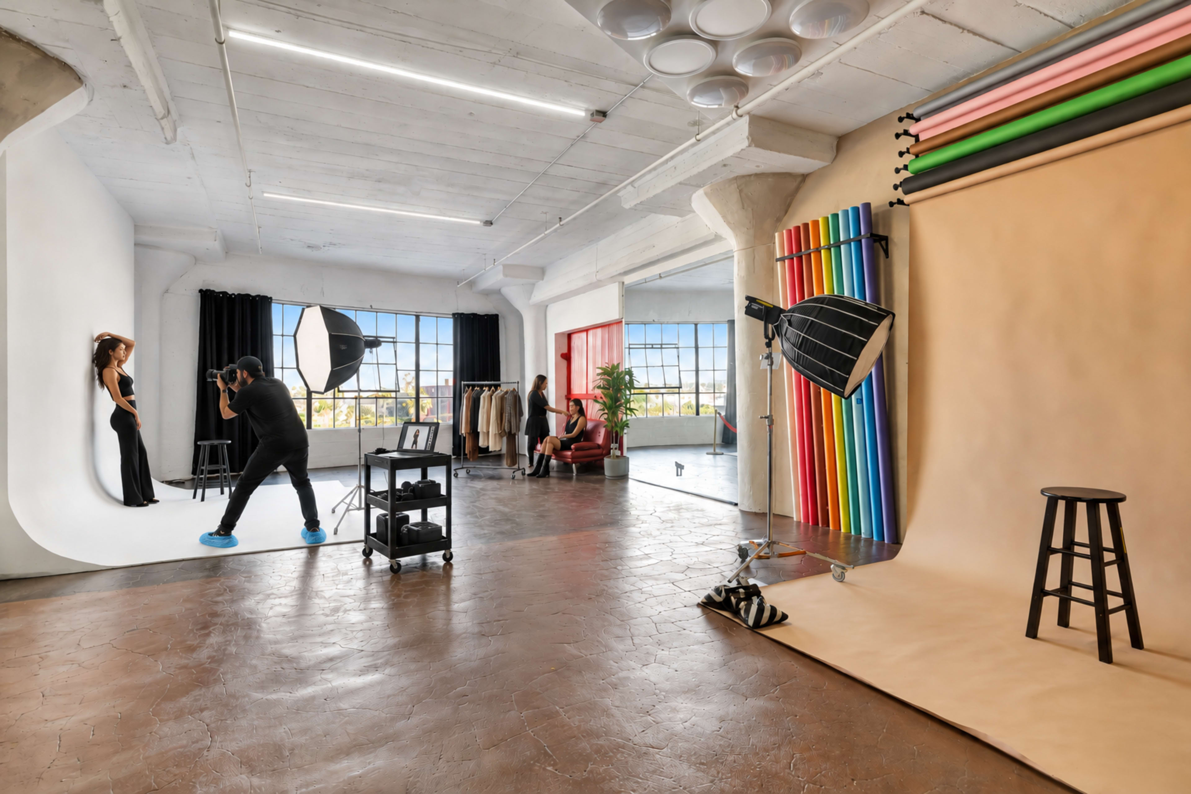 A photography studio features a model posing against a white backdrop while a photographer takes pictures, with various clothing and props placed around the space.