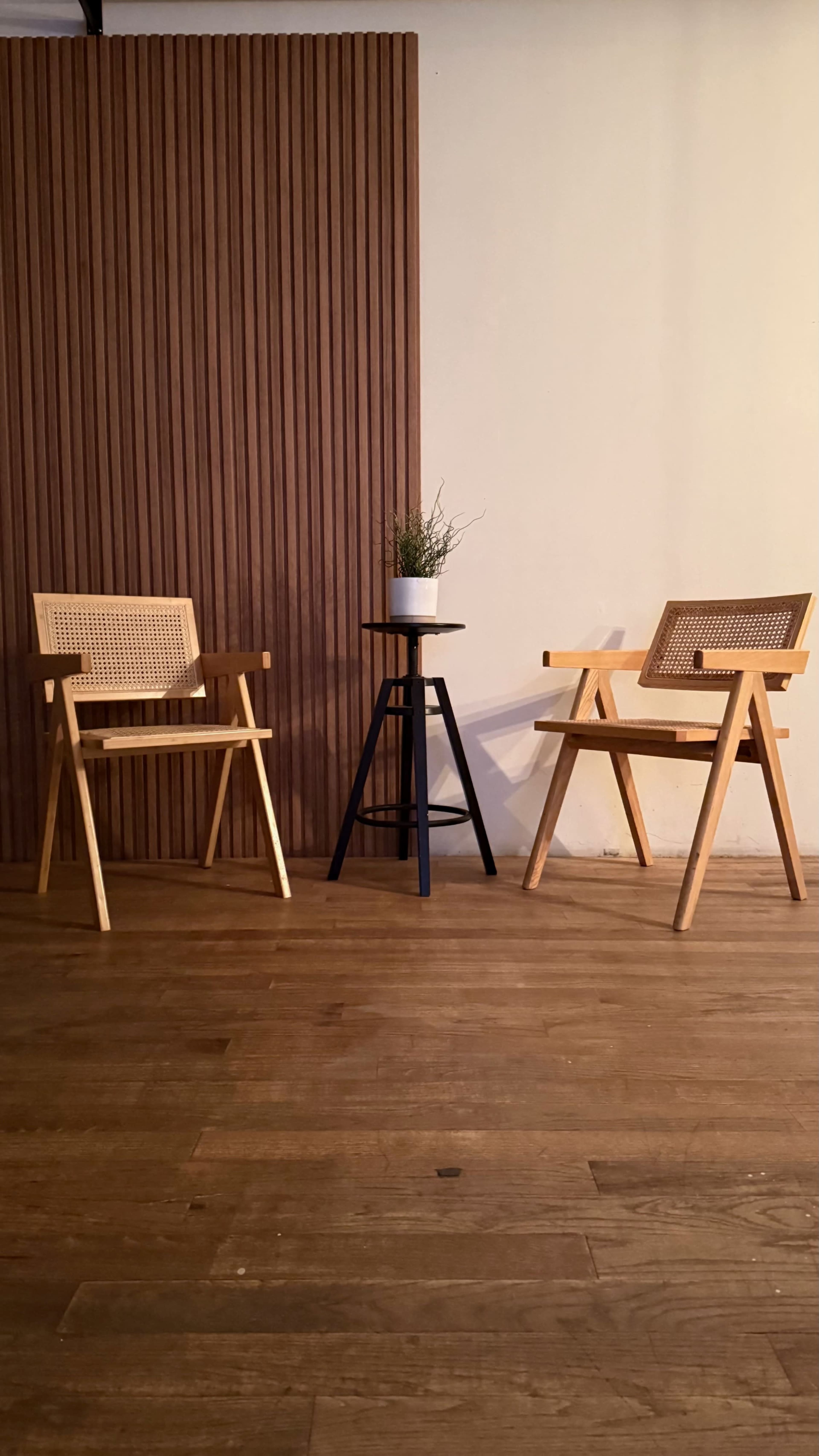 Two wooden chairs with cane backs are positioned on either side of a small black side table holding a potted plant, against a backdrop of vertical wooden slats.