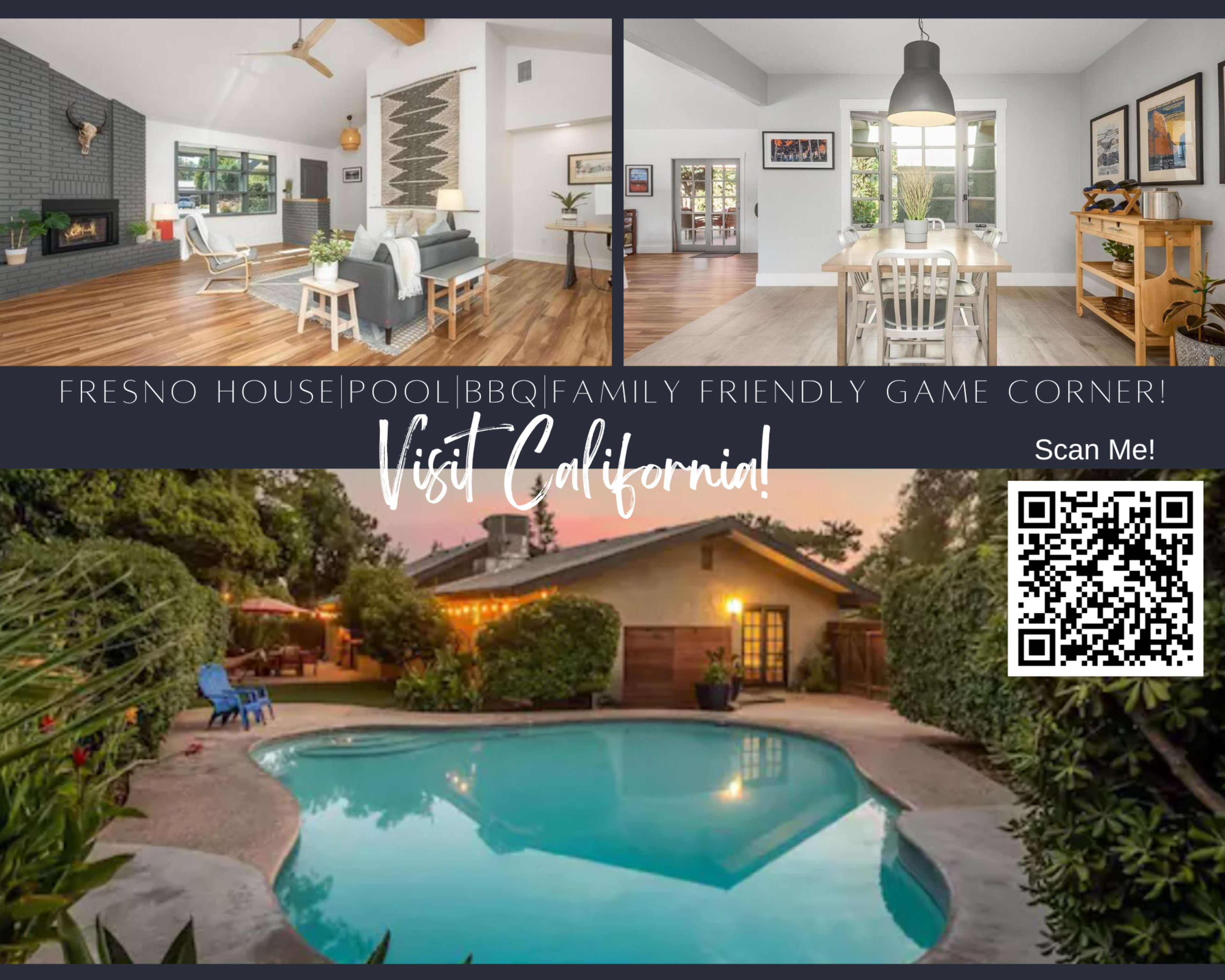 A Fresno house featuring a living area, dining space, and an outdoor pool area with seating.