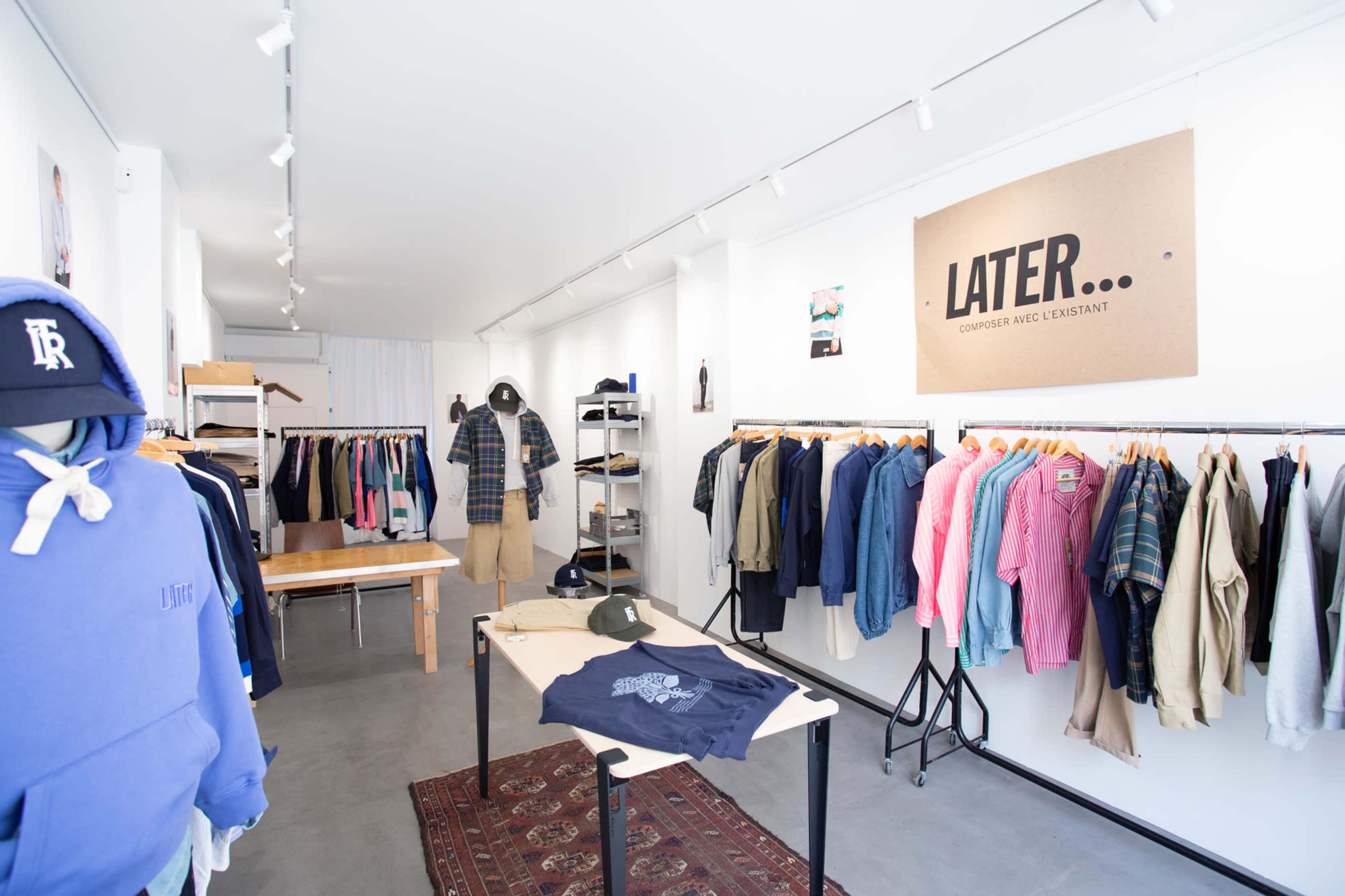 The image shows a clothing store with racks of various garments and a sign that reads "LATER...".