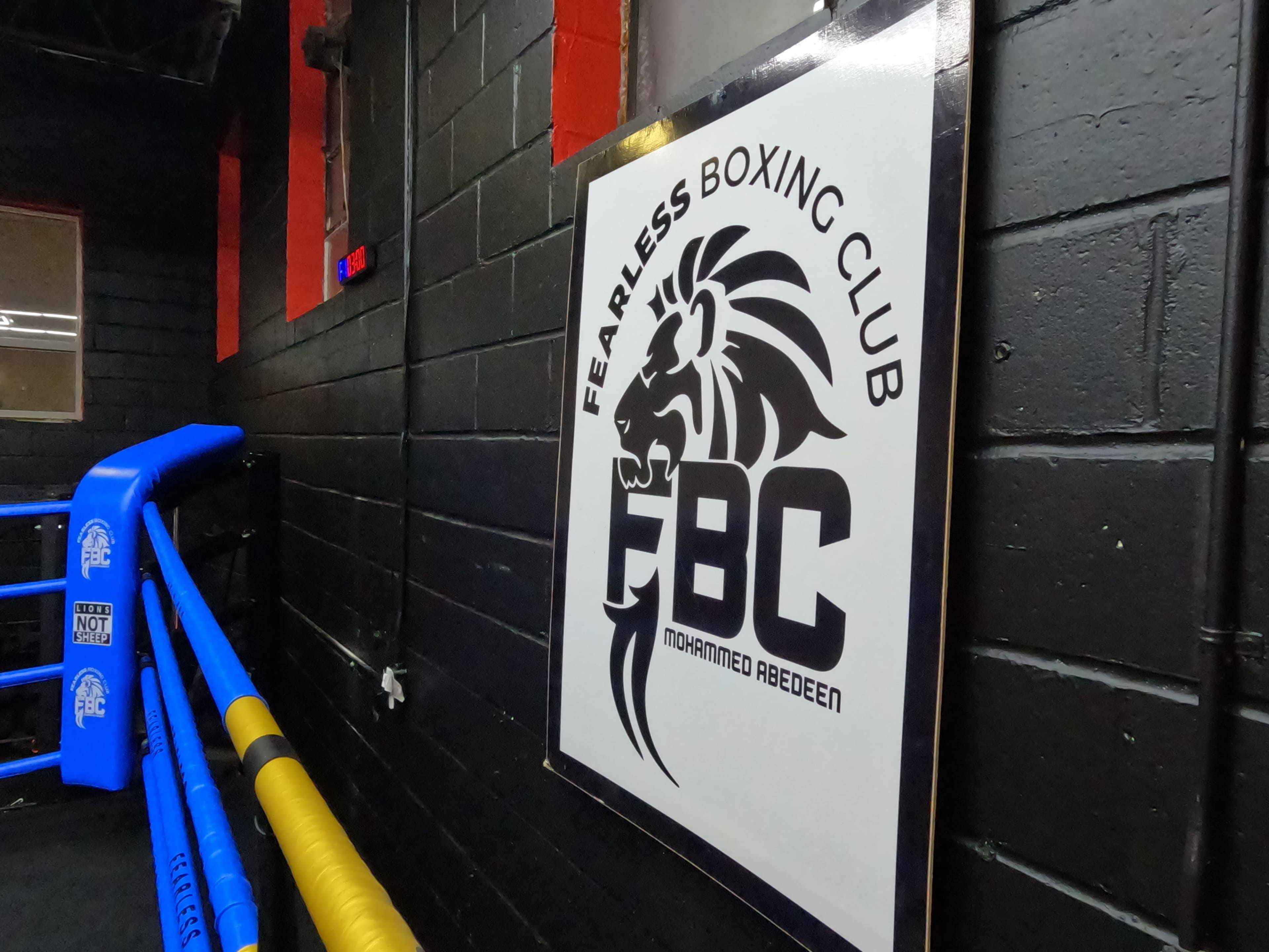 The image shows a wall with the logo of the Fearless Boxing Club, accompanied by a boxing ring with blue and yellow padding.