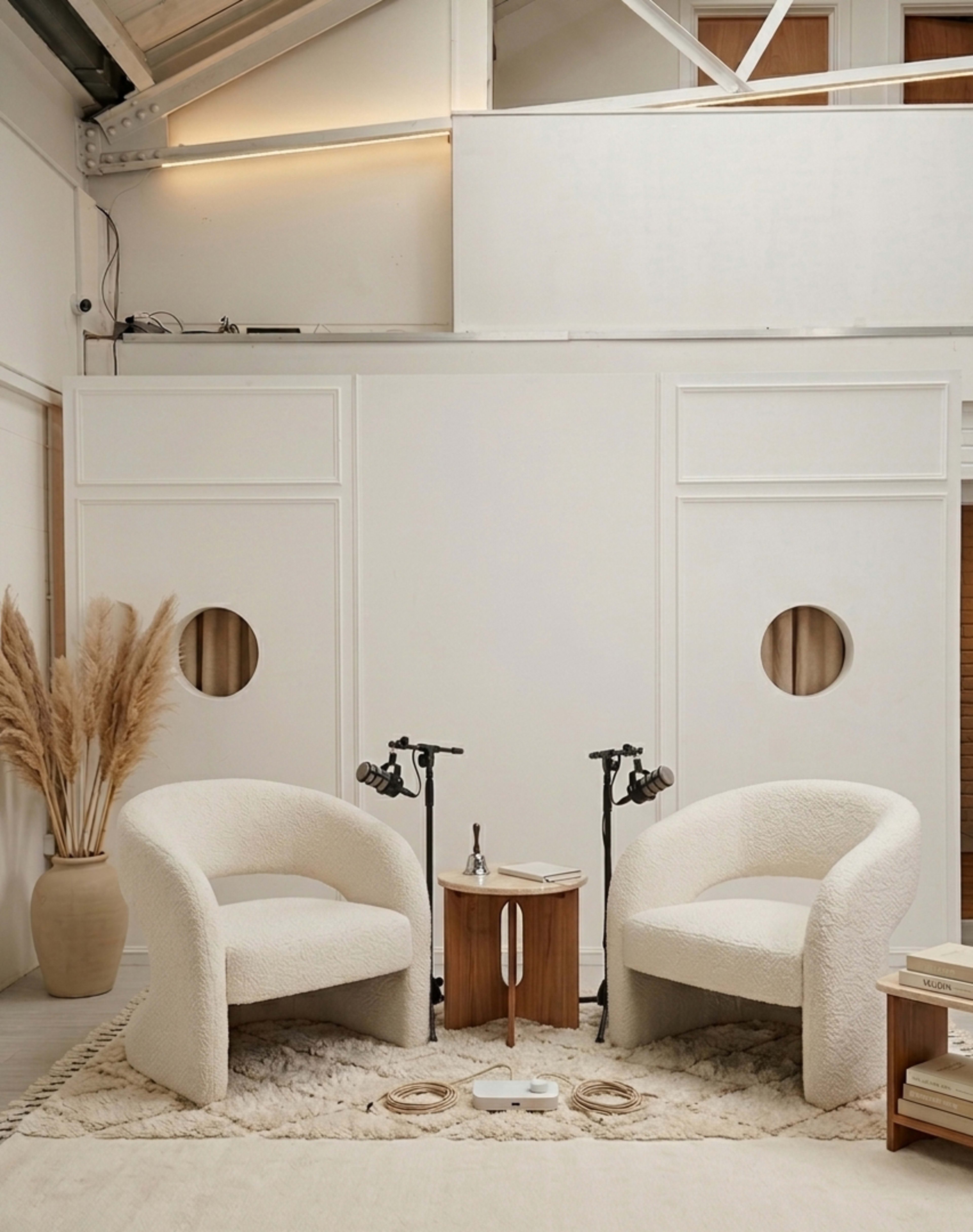 The image shows a minimalistic interior featuring two white, curved chairs with a small wooden table between them, surrounded by decorative pampas grass in a vase and a soft rug on the floor.