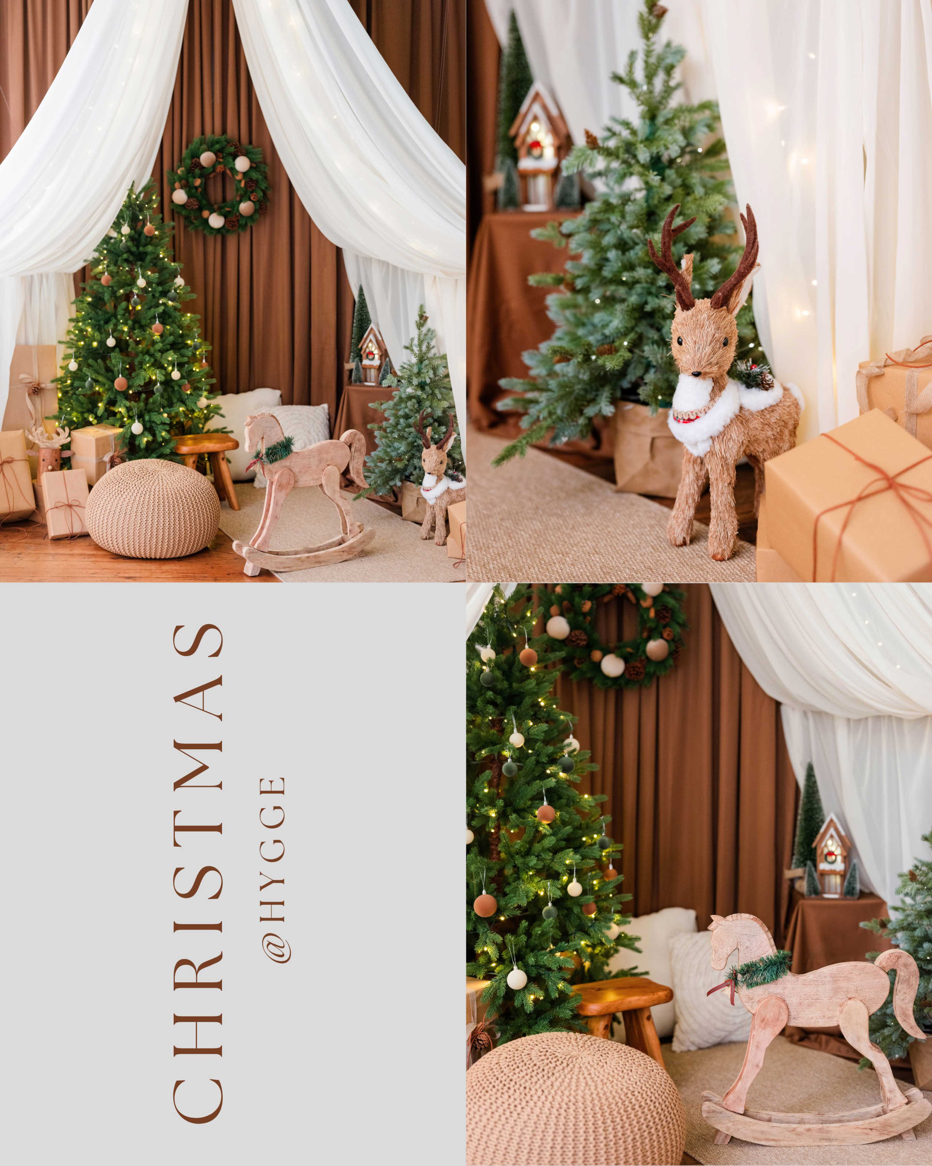 The image features a cozy holiday-themed setup with Christmas trees, a rocking horse, decorative gifts, and soft drapery.