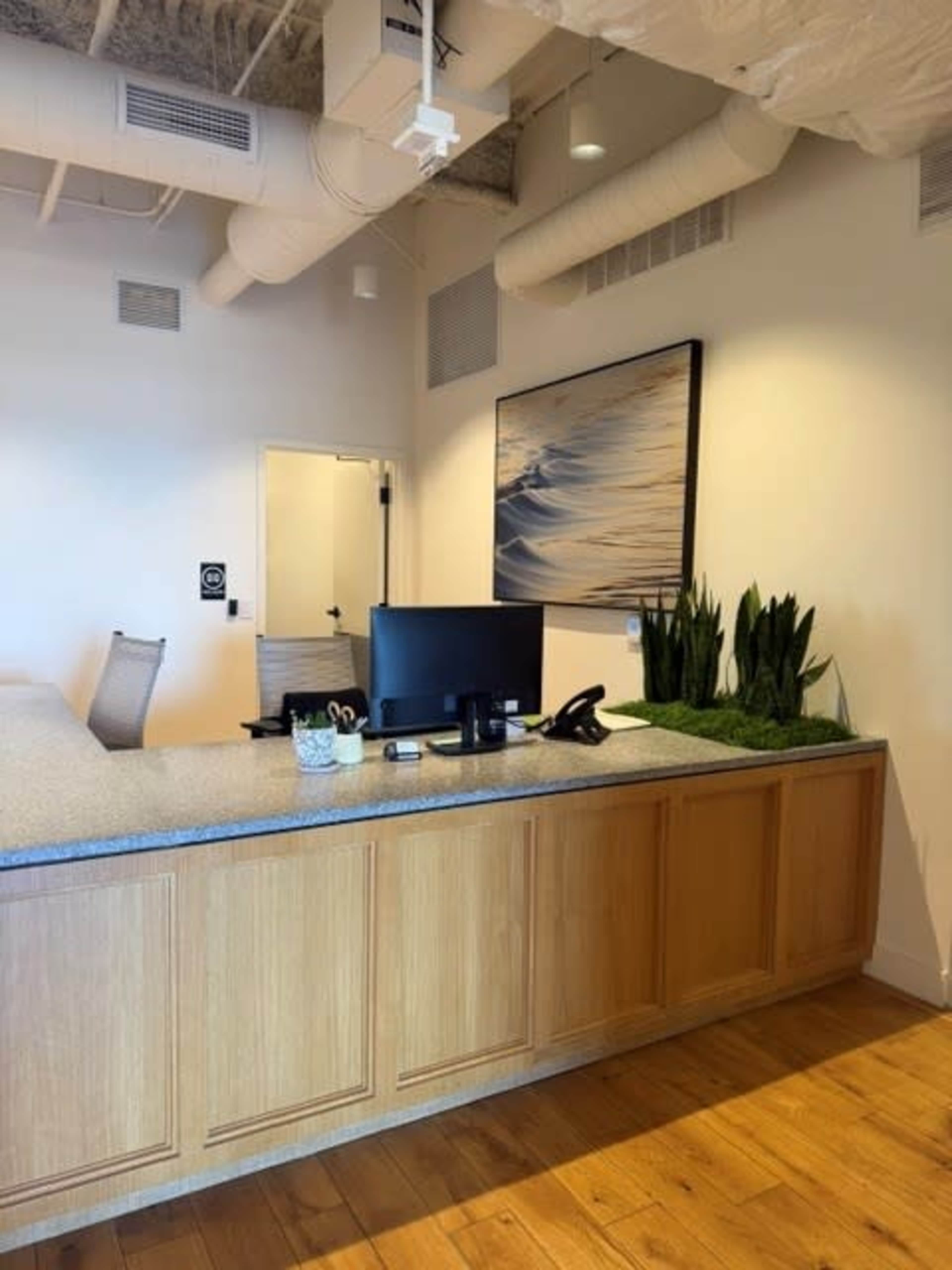 The image shows a modern reception desk with a computer, phone, and decorative plants, set against a plain wall with an abstract painting.