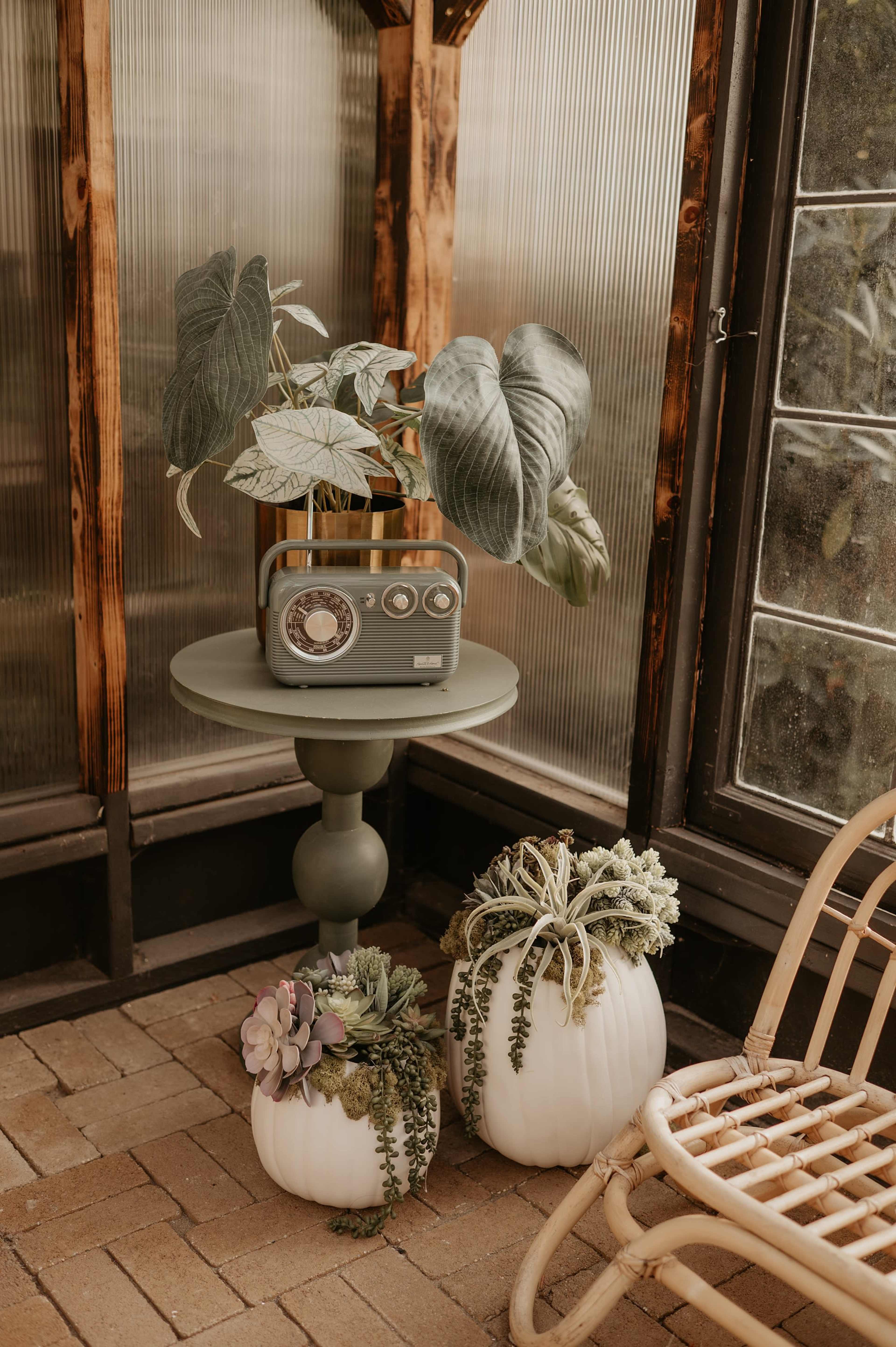 A green side table holds a vintage radio and a vase with large leaves, accompanied by two white pumpkin-shaped planters with succulents next to a wooden chair in a sunlit room.