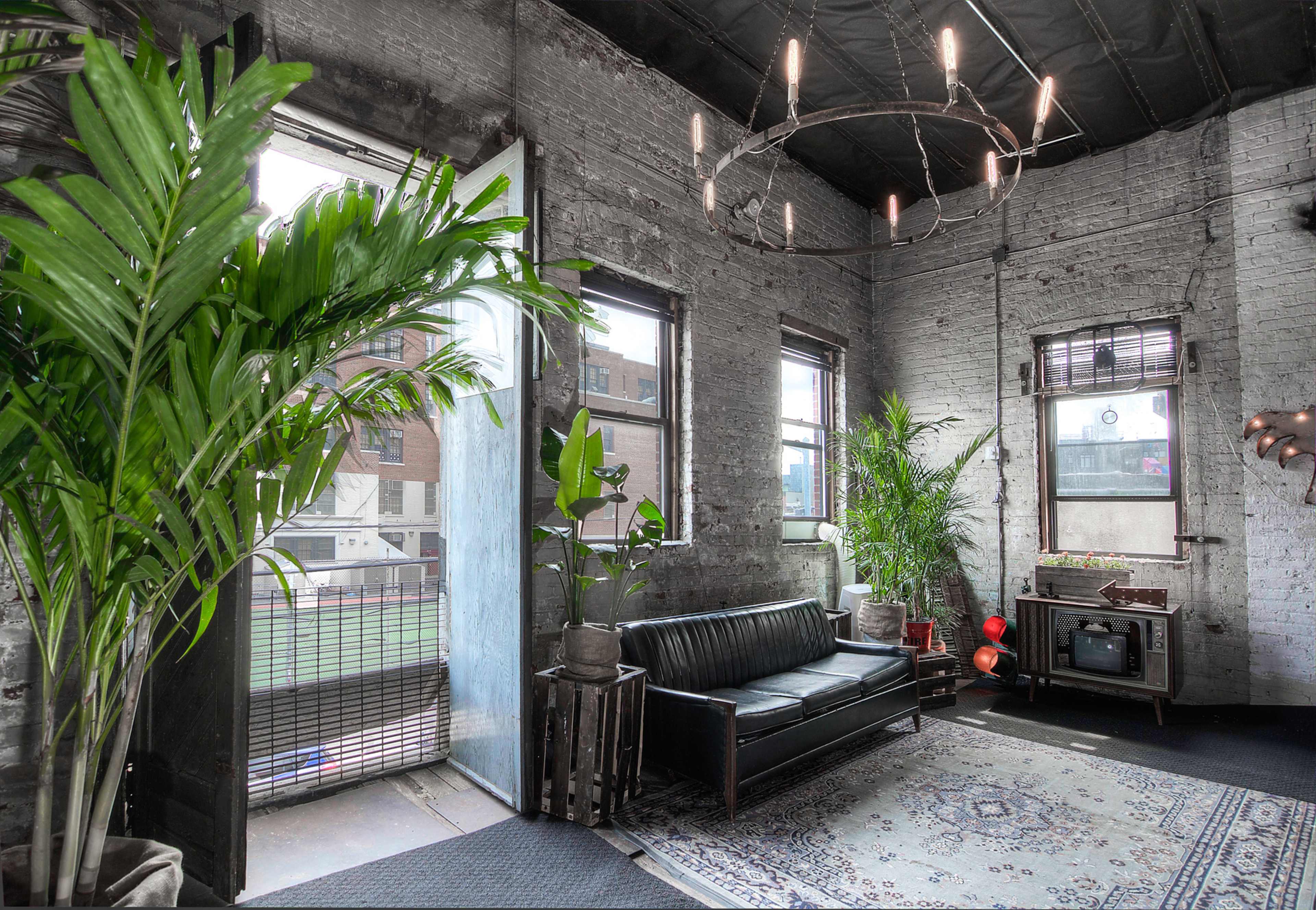 A corner of an industrial-style room with a black couch, potted plants, and large windows letting in natural light.