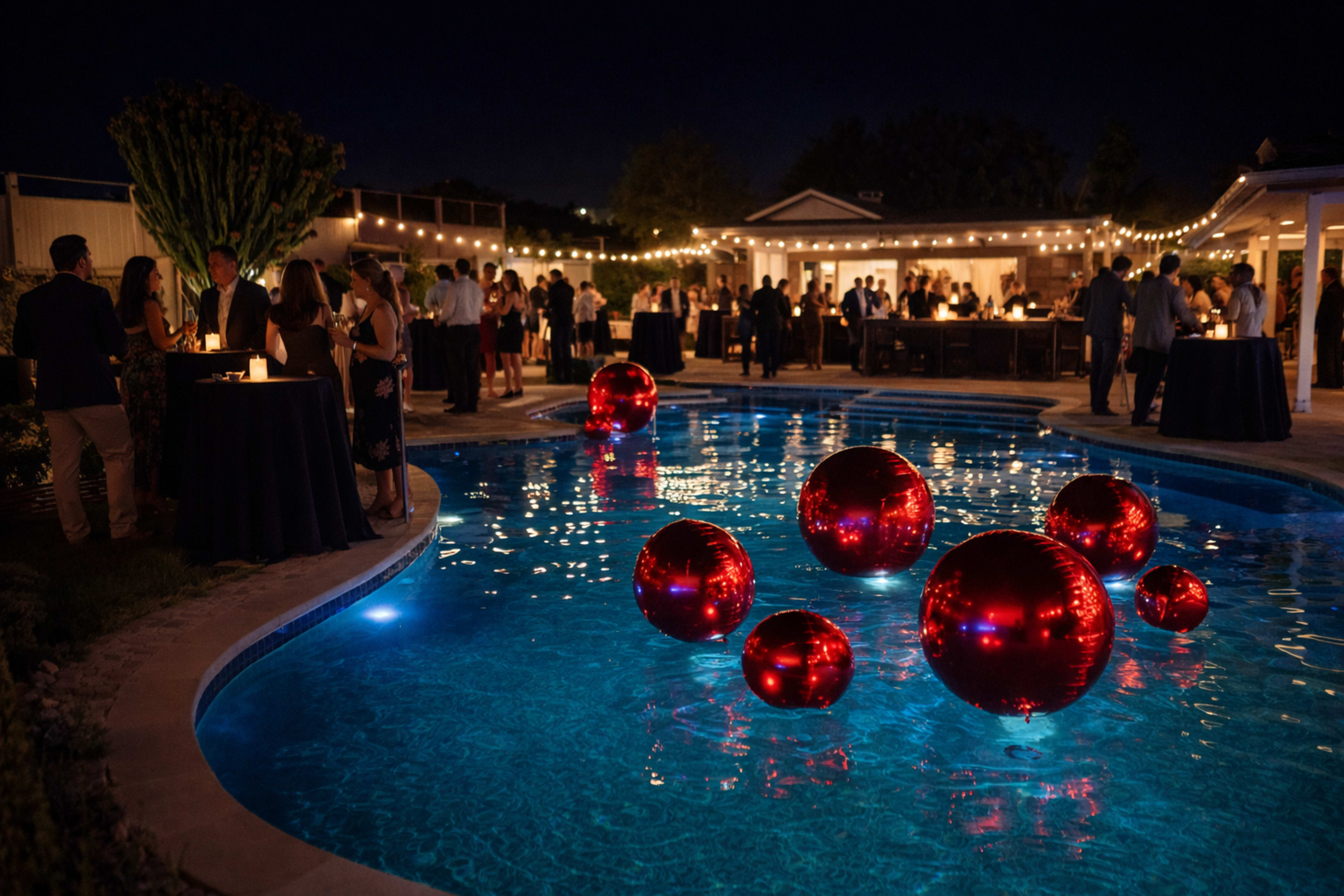 A nighttime pool party features guests mingling around tables, with large red decorations floating in the illuminated water.