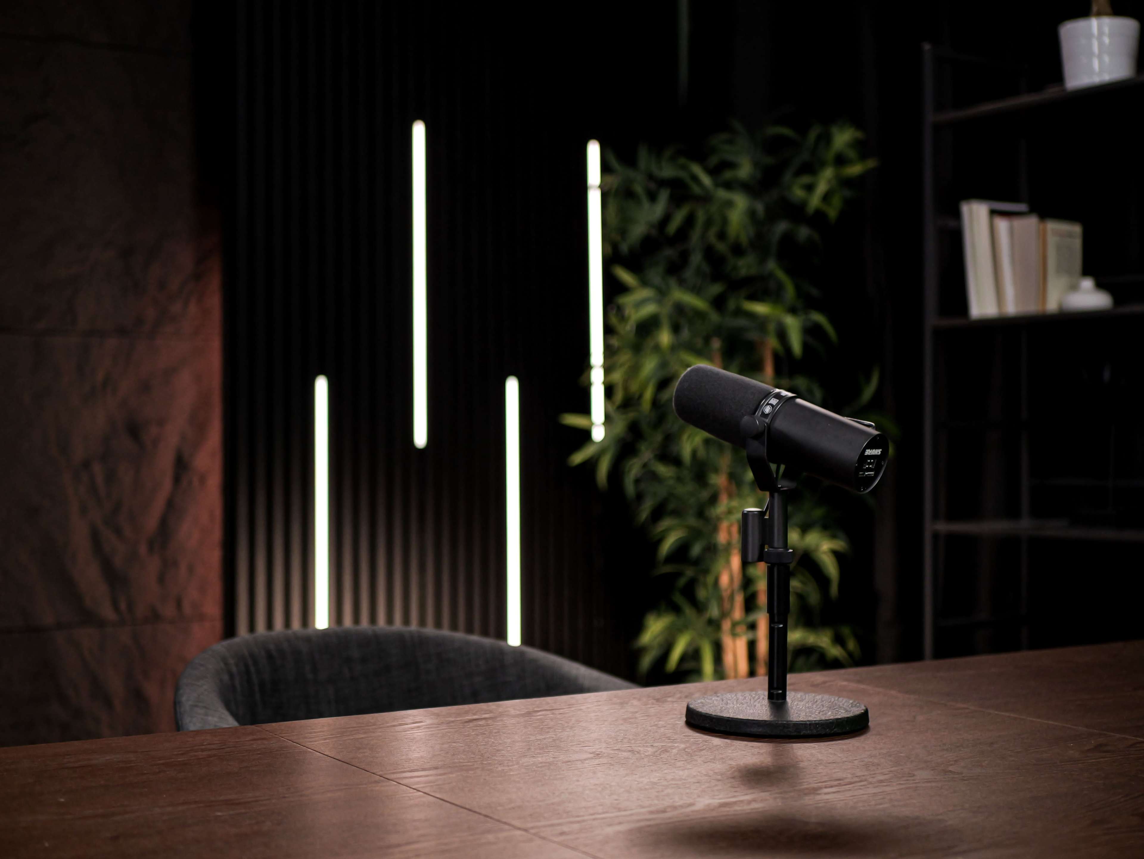 A black microphone stands on a wooden table in a dimly lit room featuring vertical light strips and a plant in the background.