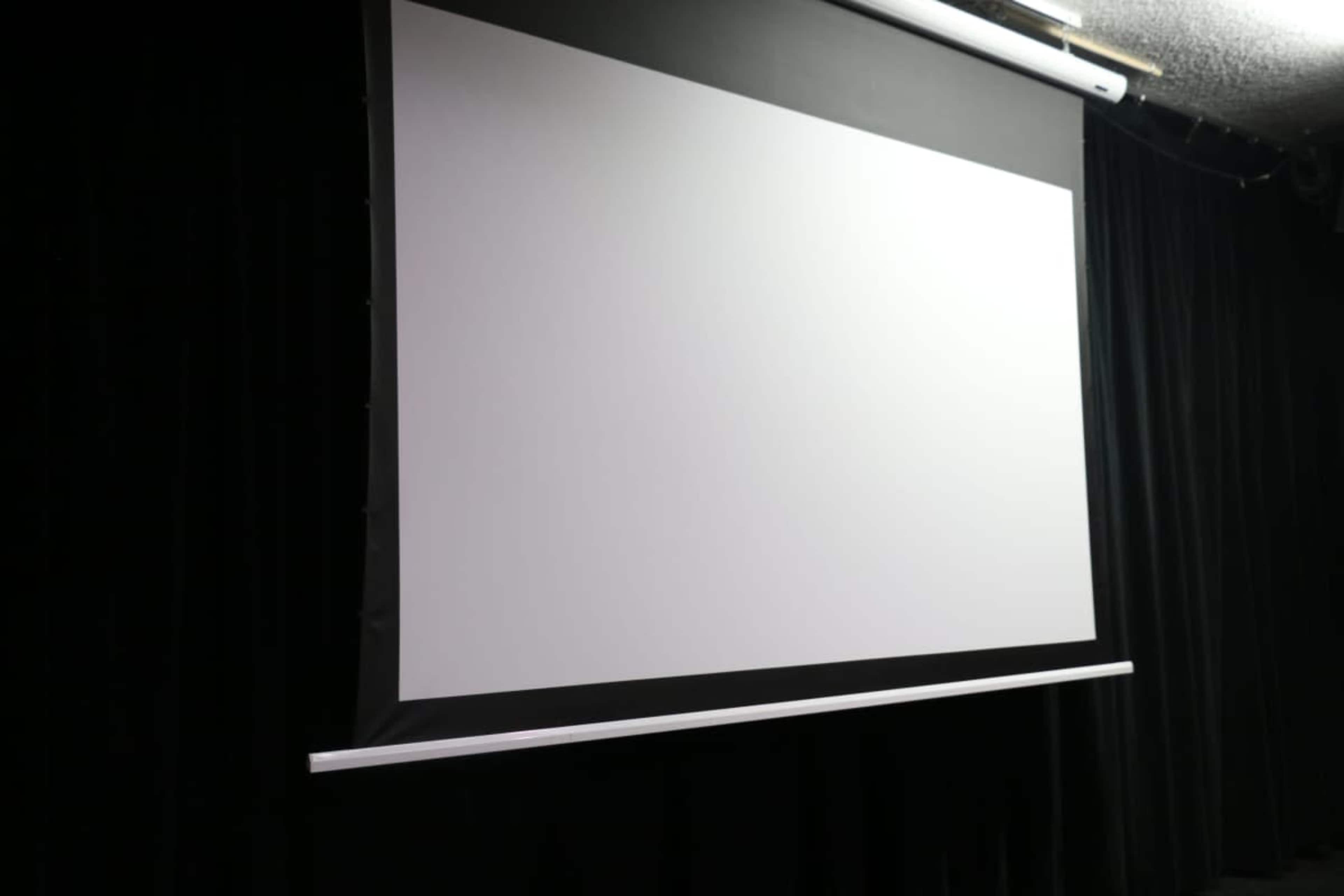 A blank, mounted projection screen is set against a black curtain backdrop.