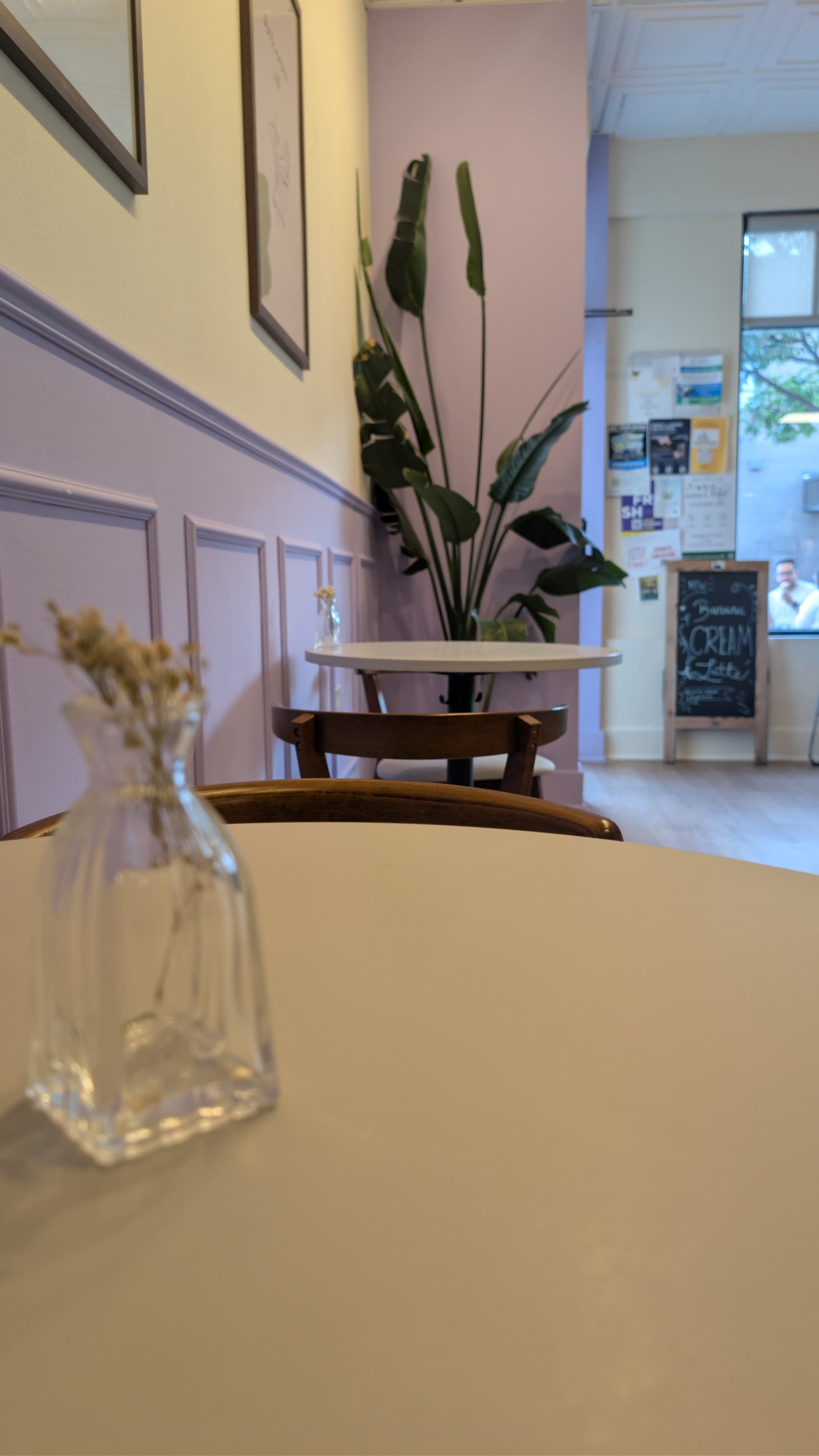 The image shows a cozy café interior with a small vase of flowers on a table, a potted plant in the corner, and a window revealing a person seated outside.