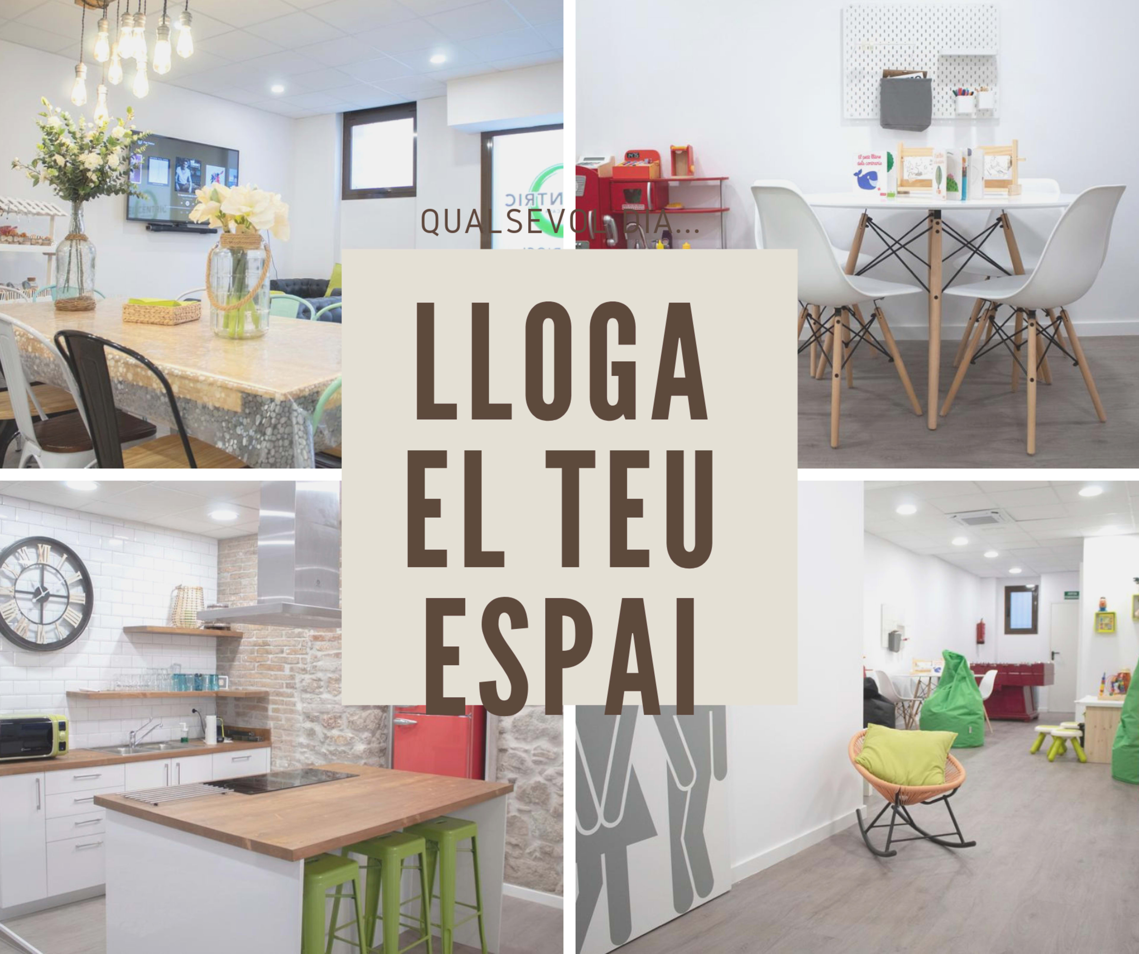 A modern co-working space with distinct areas, including a kitchen, dining area, and spacious seating arrangements.
