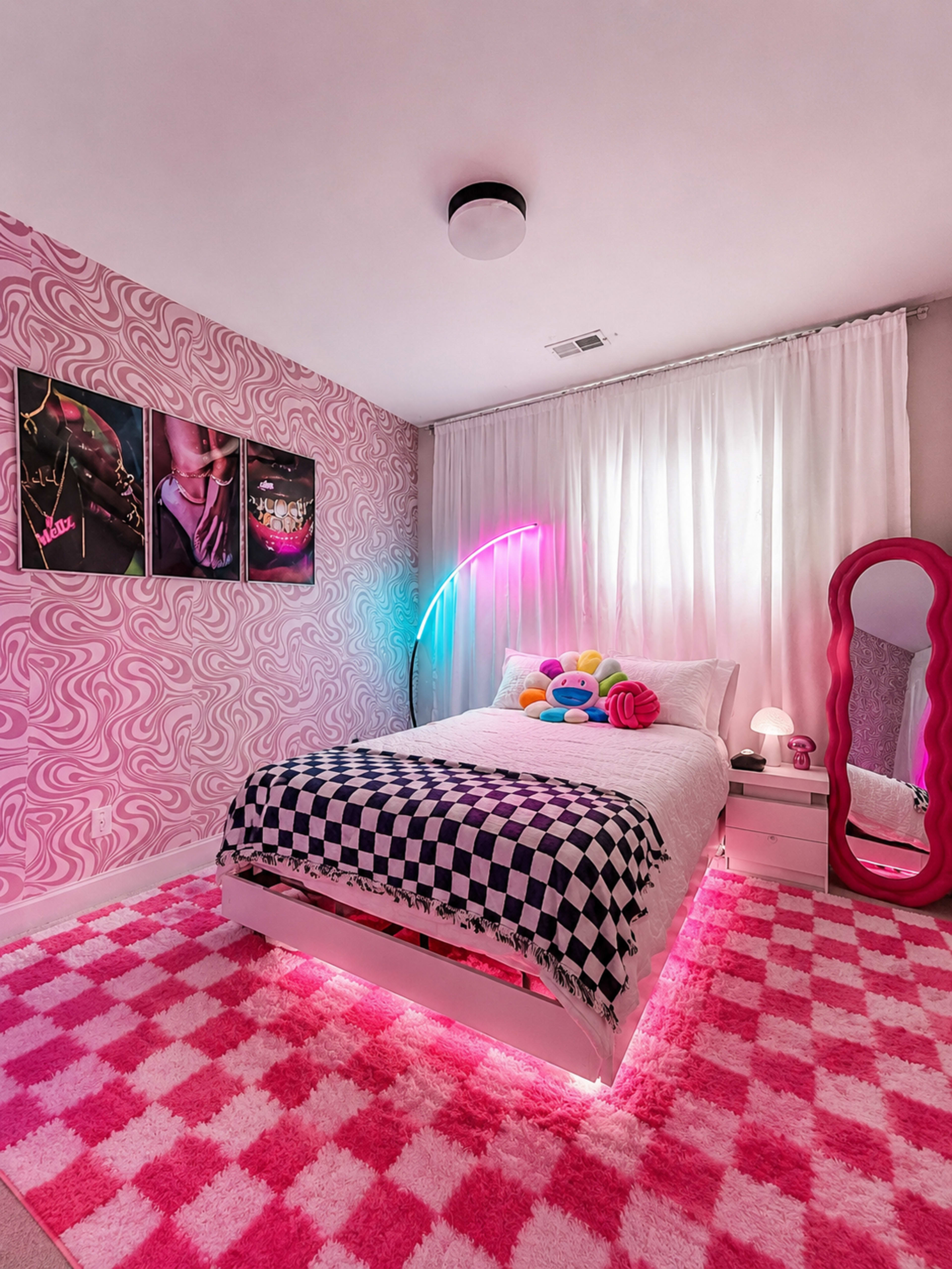 The room features a bed adorned with a checkered blanket, a colorful rug, and a wall decorated with psychedelic patterns alongside vibrant lighting.