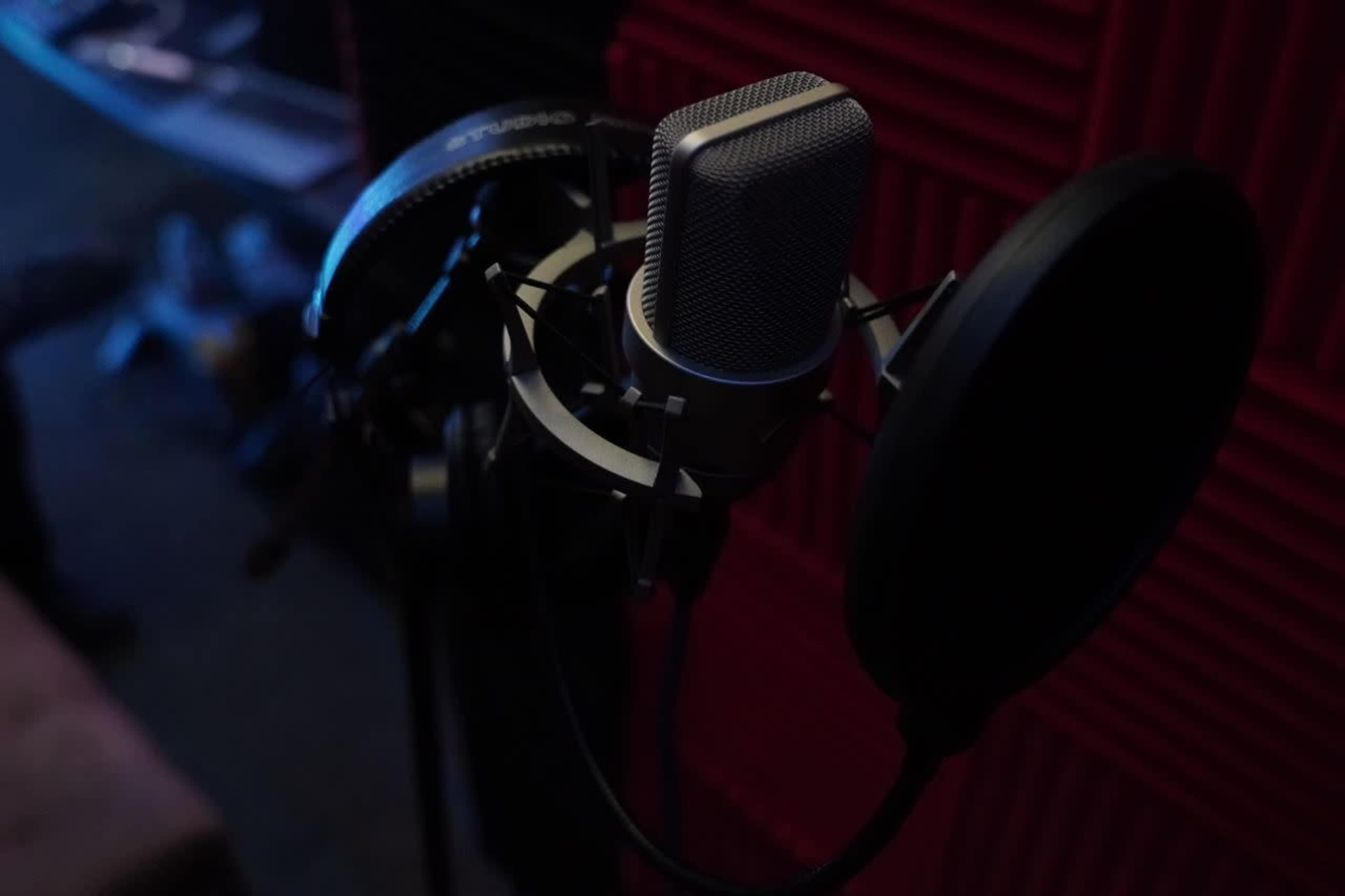 A microphone with a pop filter is positioned in front of a red acoustic panel.