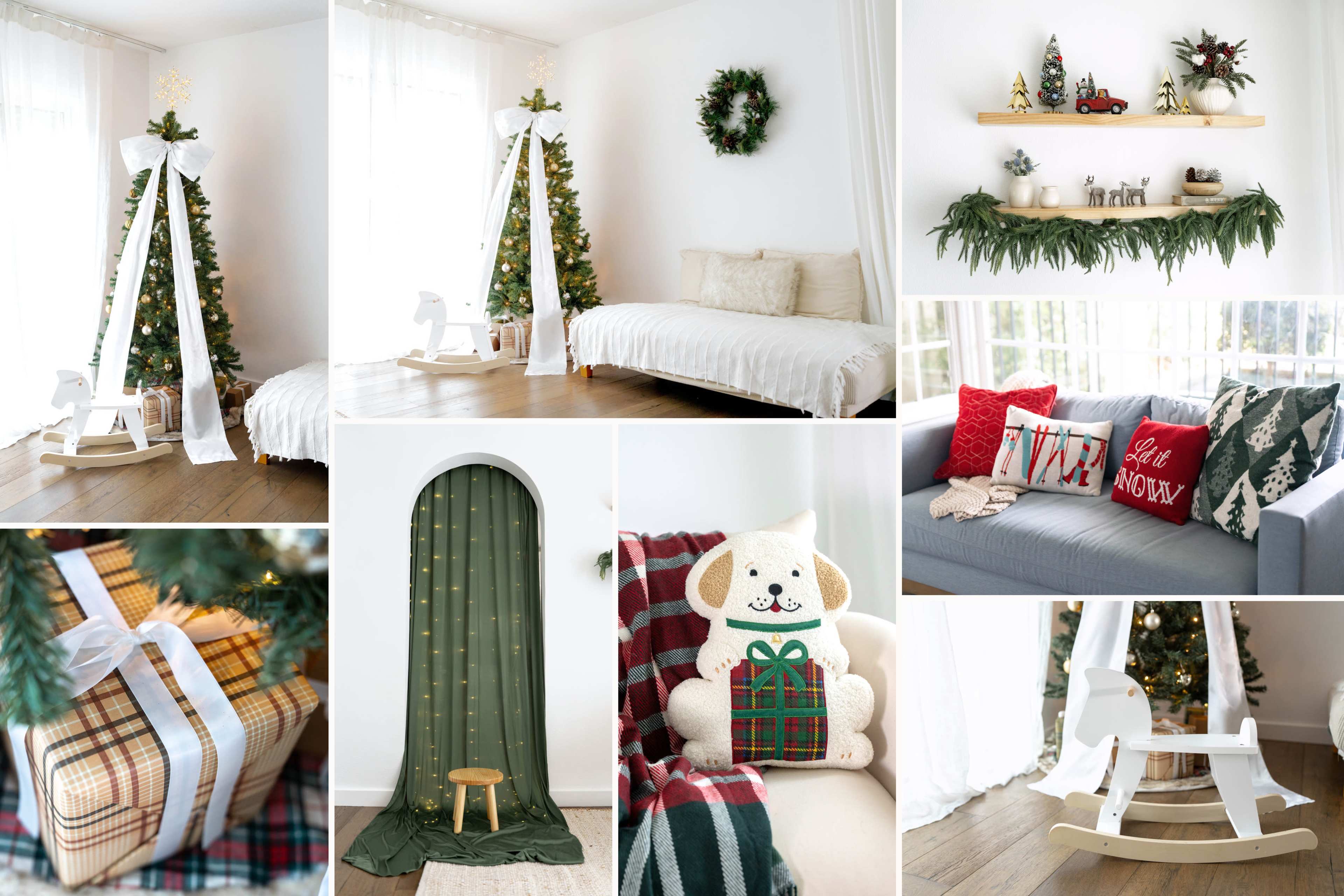 The image showcases a festive indoor scene decorated for the holiday season, featuring a Christmas tree, various ornaments, gifts, and cozy seating areas.