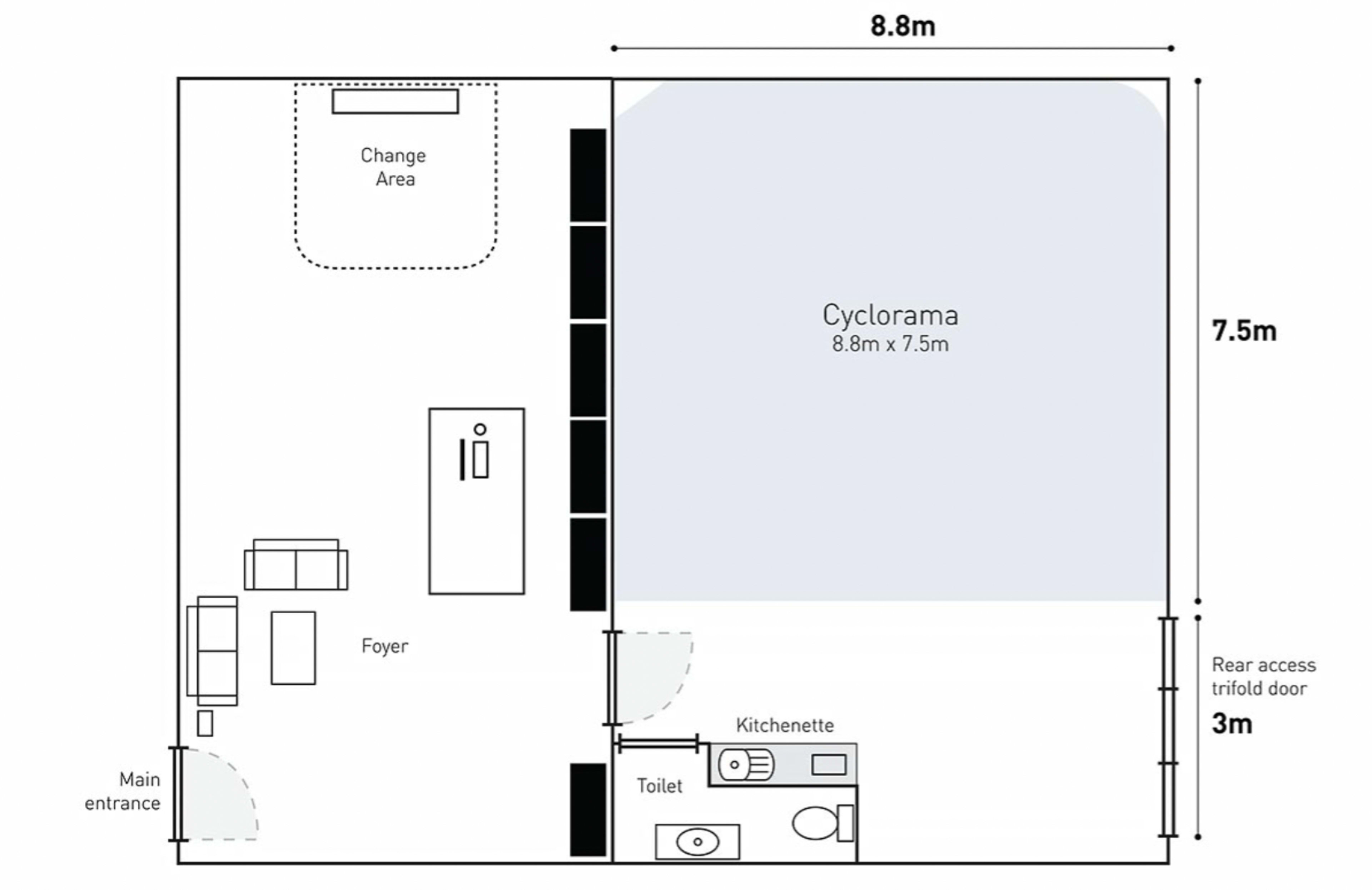 The image shows a floor plan layout of a space measuring 8.8 meters by 7.5 meters, with designated areas for a change area, foyer, kitchenette, toilet, and a large cyclorama space.