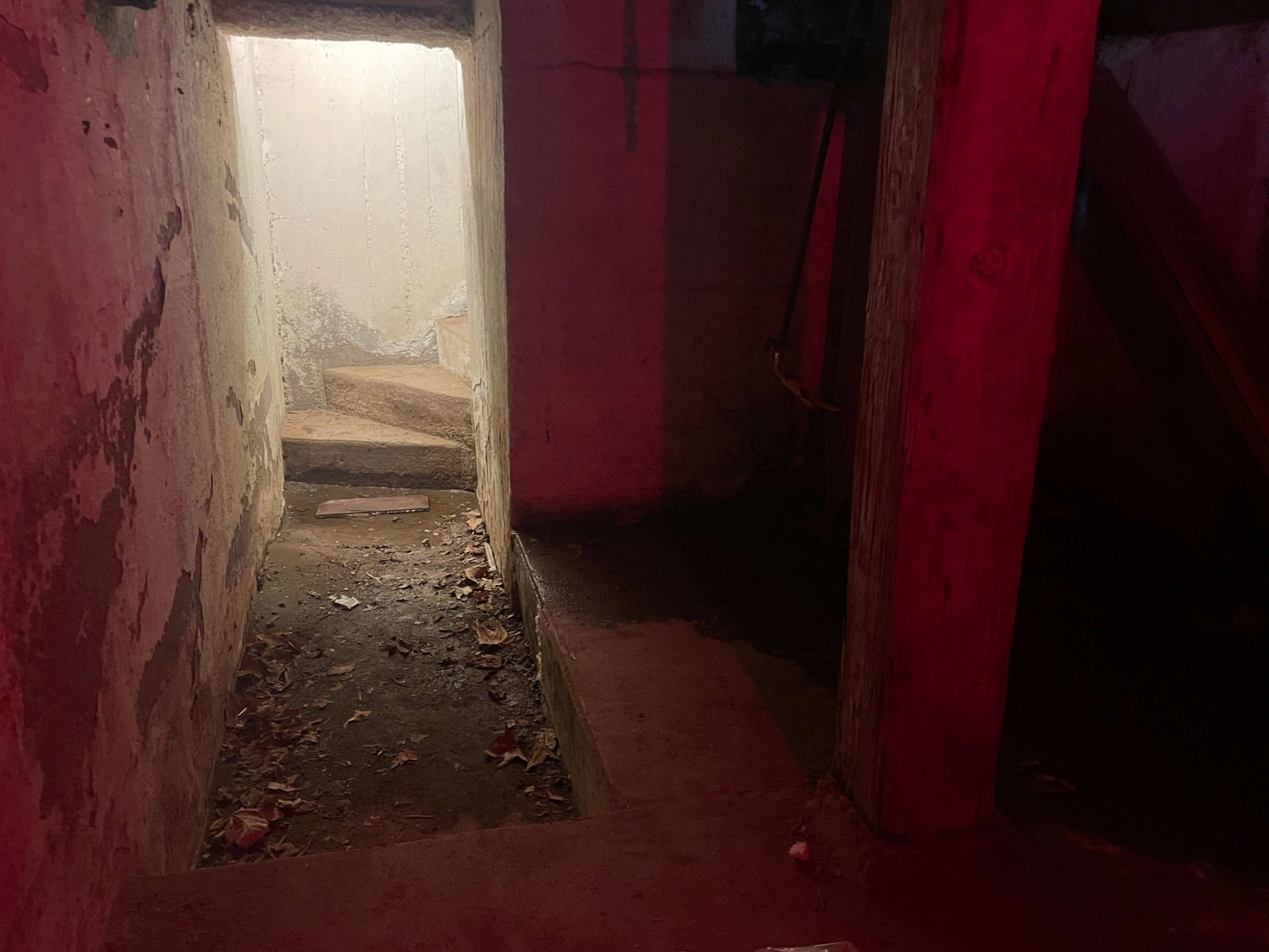 A dimly lit basement corridor leads to a staircase, with rough concrete walls and scattered debris on the ground.