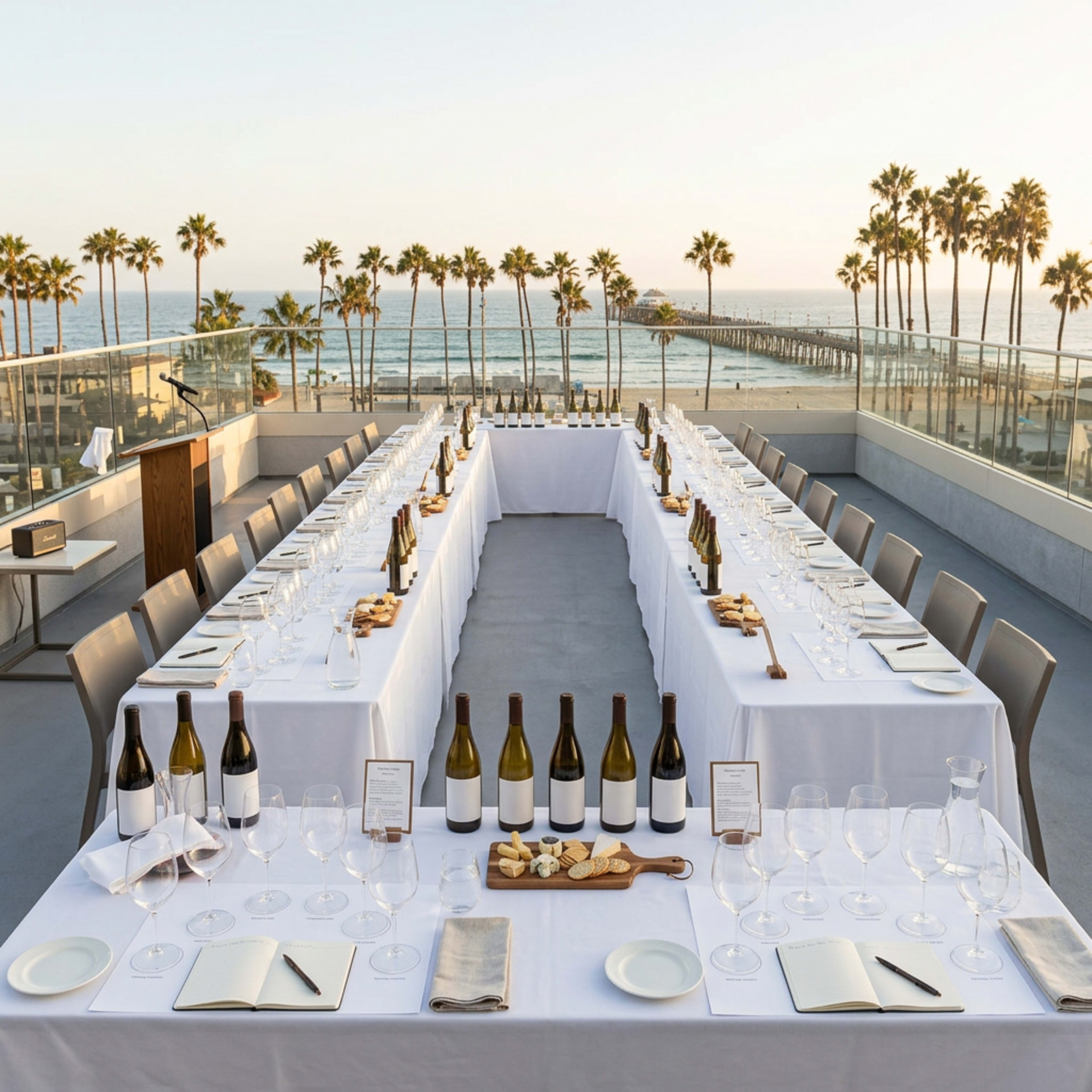 A long, elegantly set dining table with numerous wine bottles and glasses overlooks a beach scene adorned with palm trees and a pier.