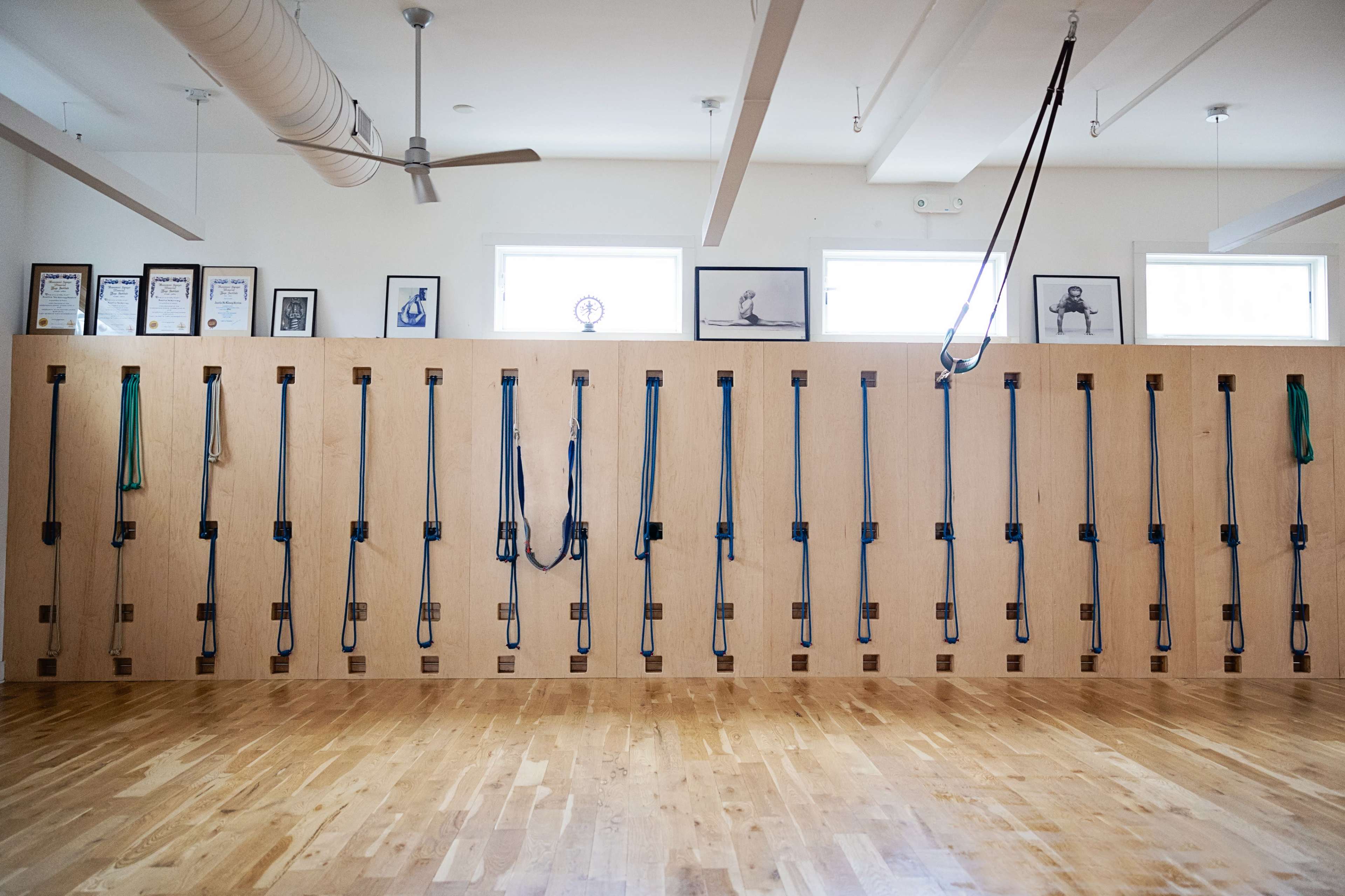 A wooden wall mounted with various exercise straps and belts, accompanied by framed pictures on the upper section.