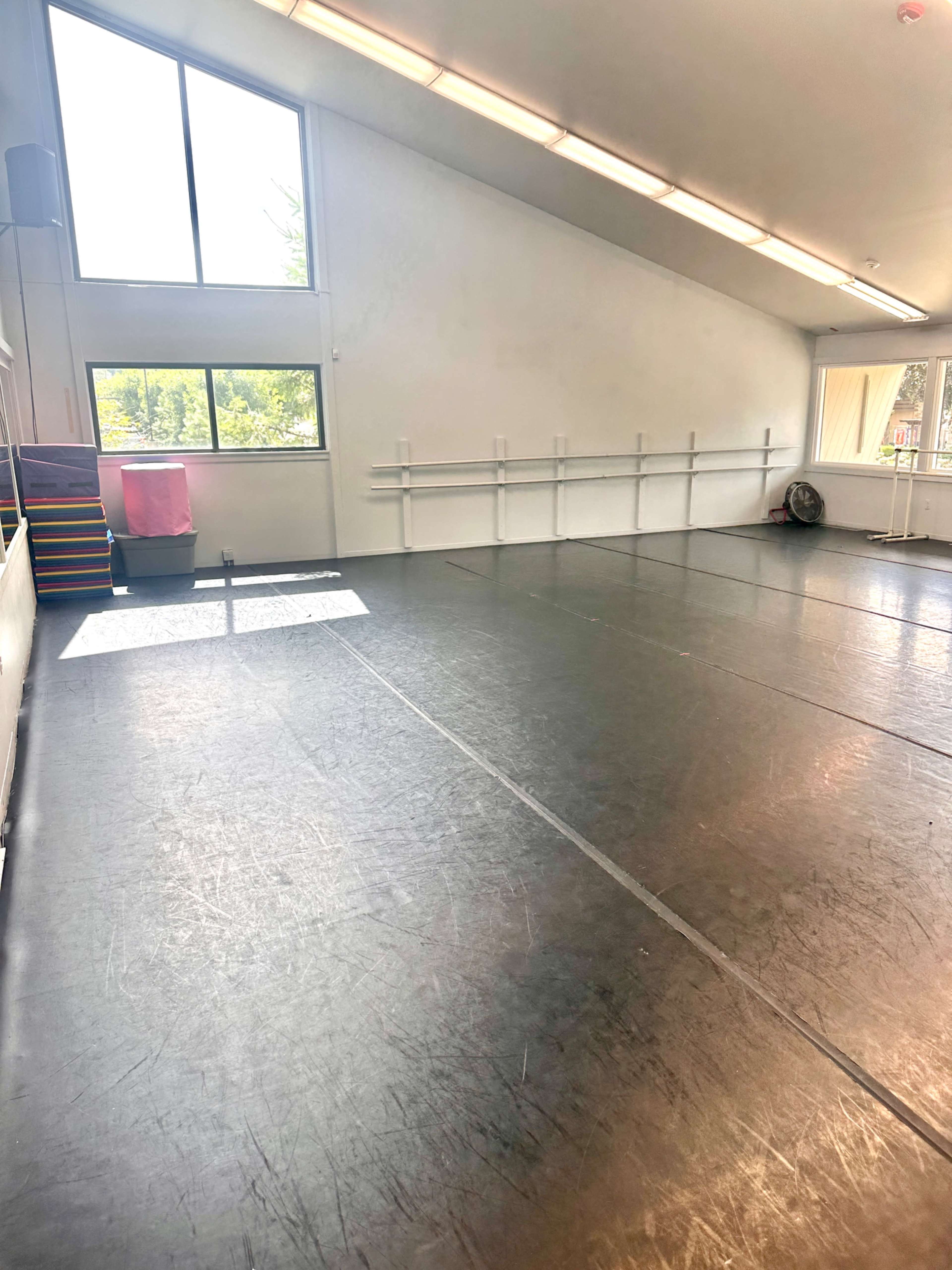 The image shows an empty dance studio with large windows, black flooring, and mirrored walls.