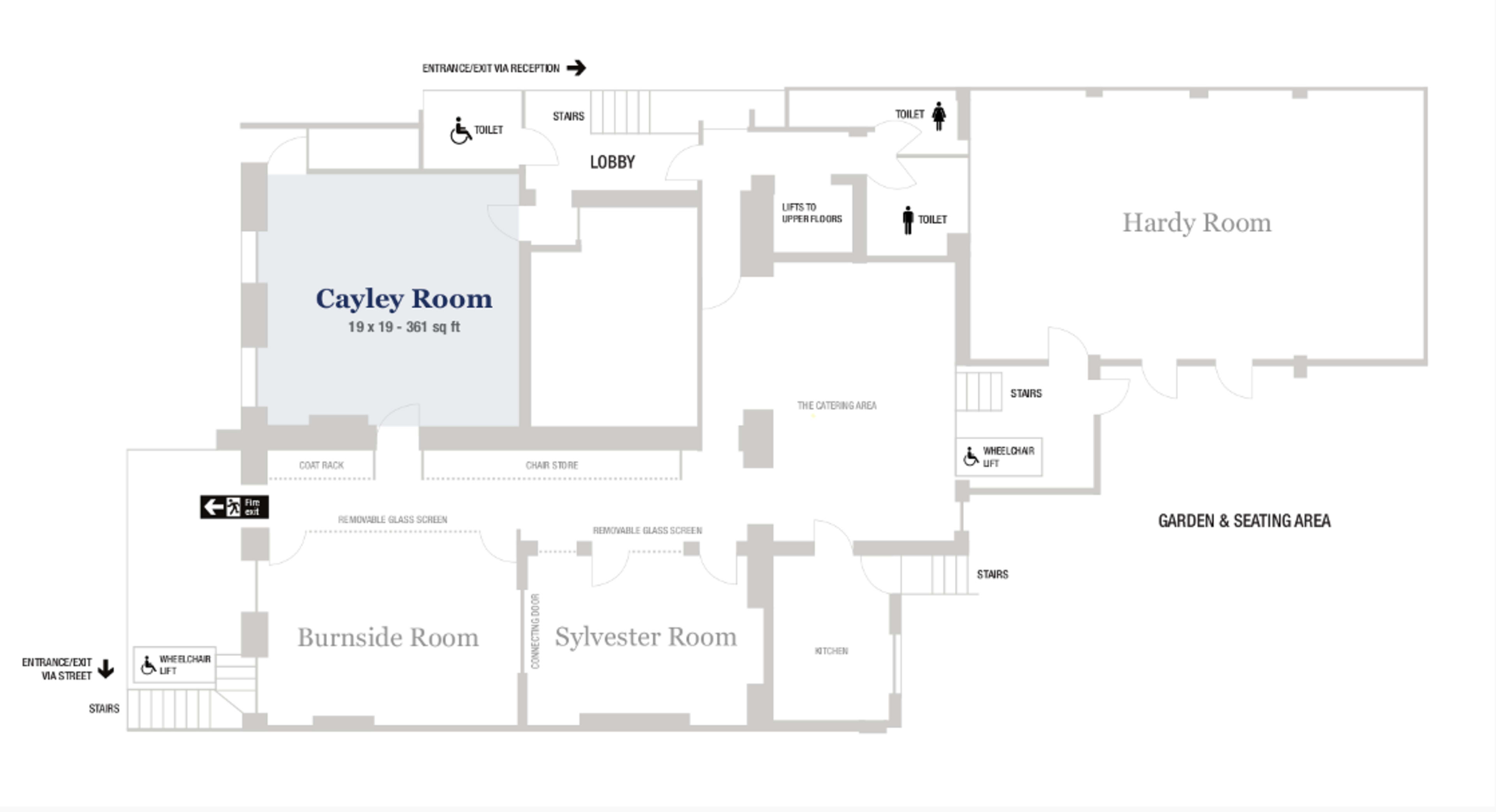 A floor plan of a building, indicating the locations of various rooms, including the Cayley Room, Hardy Room, and Burnside Room, along with restrooms and stairways.
