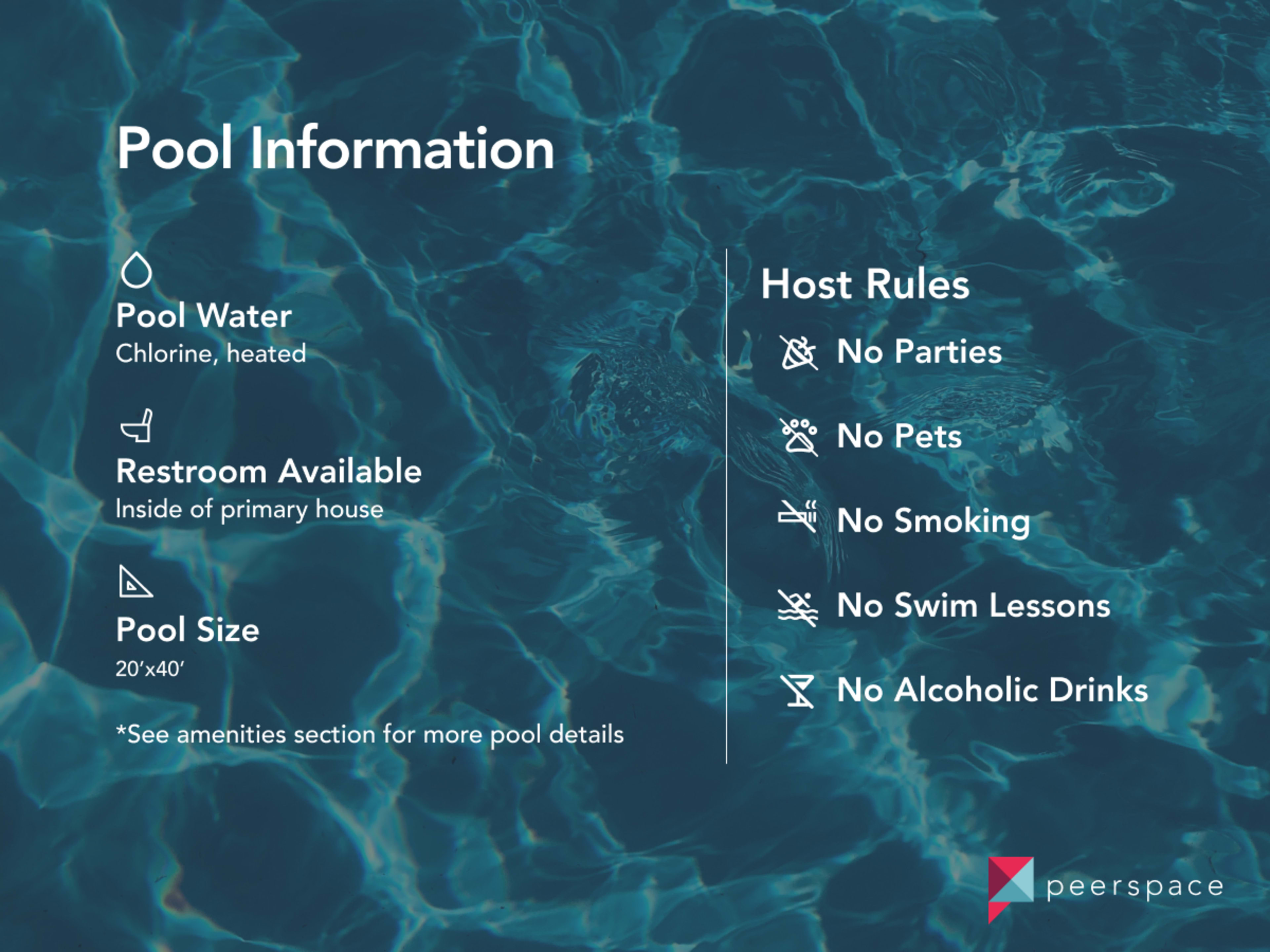 Information about a pool, including details on water type, restroom availability, pool size, and host rules.