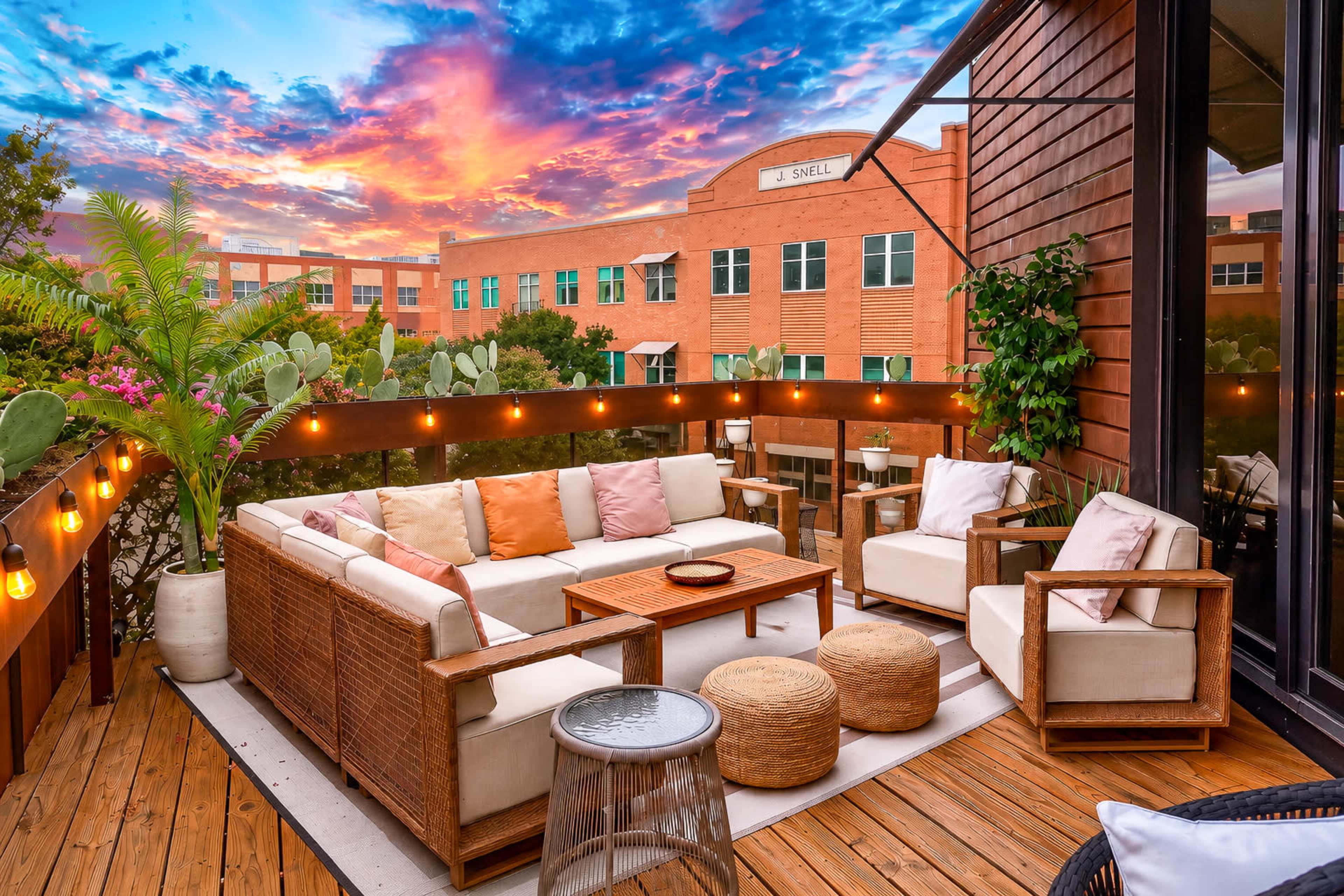The image shows a wooden patio furnished with a seating area of light-colored sofas and decorative pillows, surrounded by potted plants and a vibrant sunset sky in the background.