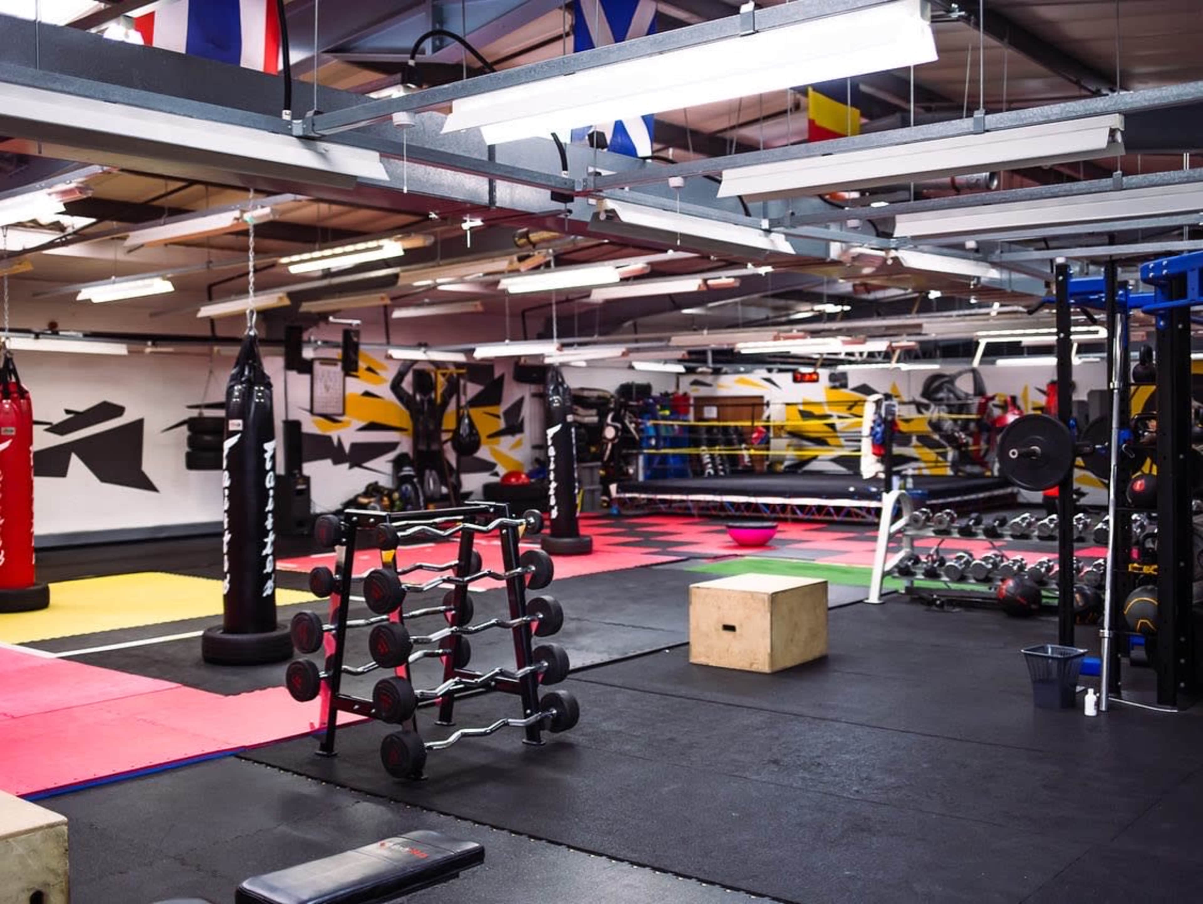 The image shows an indoor gym with various exercise equipment, including punching bags, weights, and colored mats.