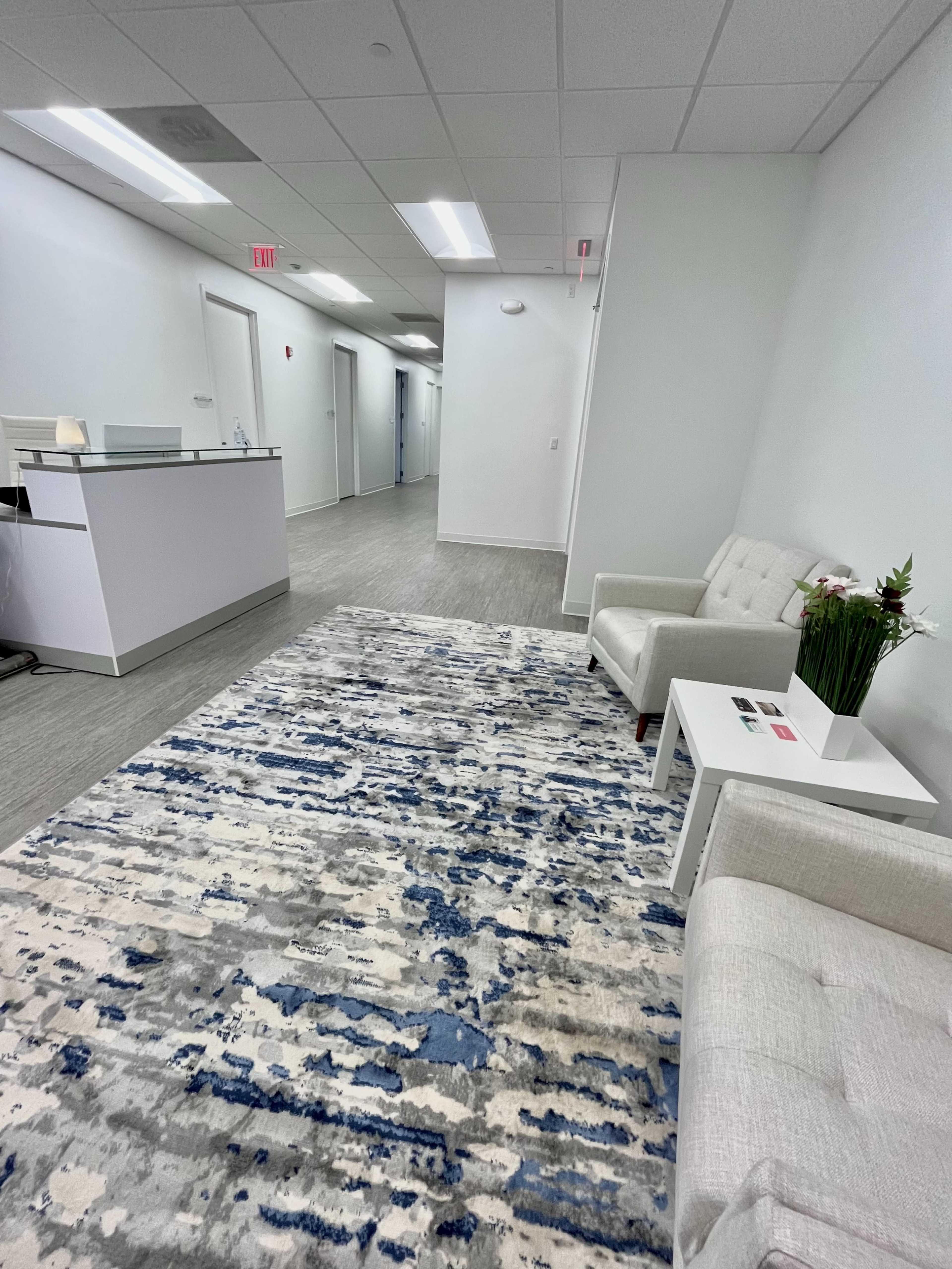 A modern hallway with a reception area, two white chairs, a decorative rug, and doors leading to other rooms.
