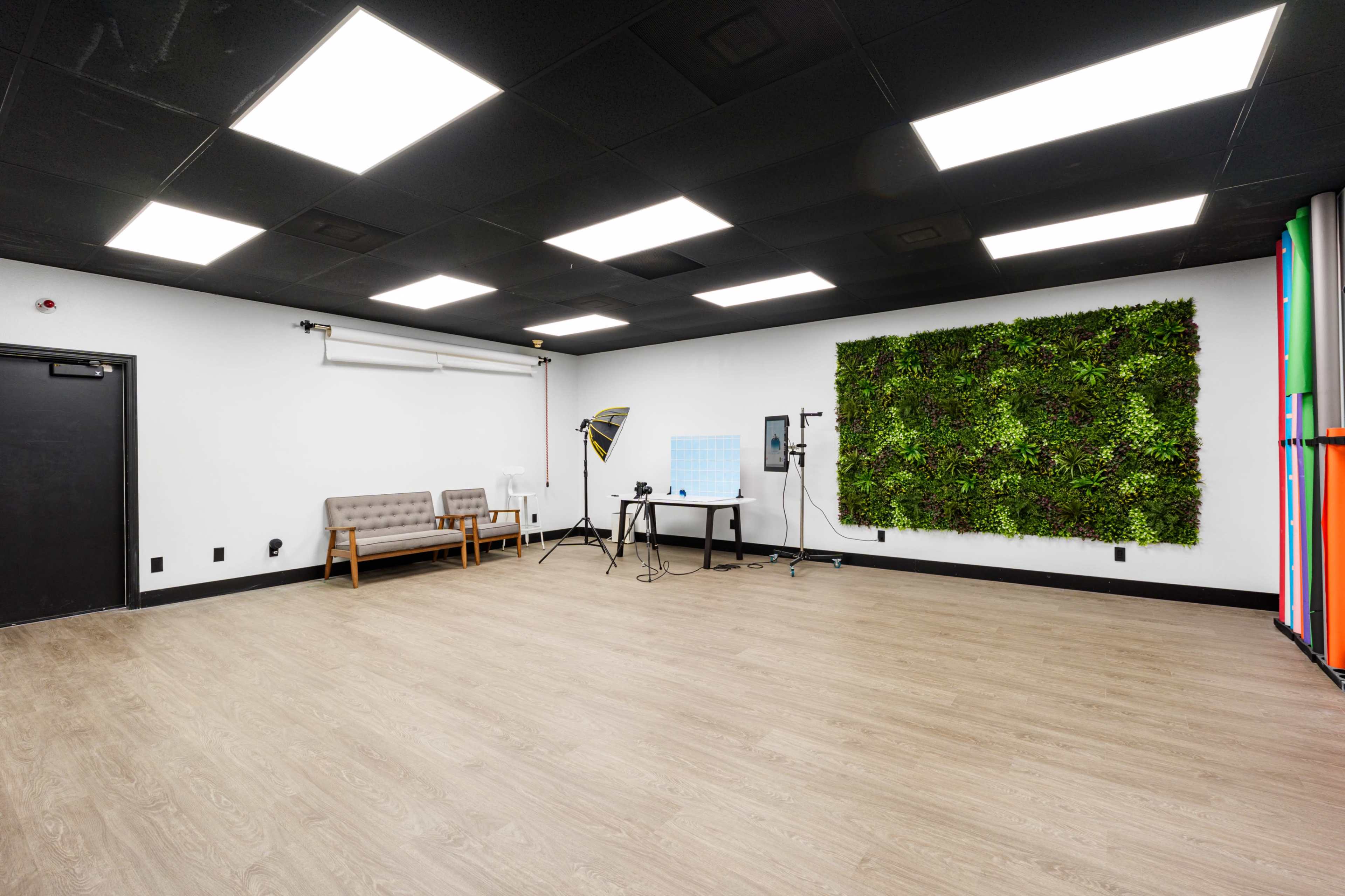 The image shows a spacious studio with wooden flooring, a green wall decoration, lighting equipment, and two gray couches against a white wall.