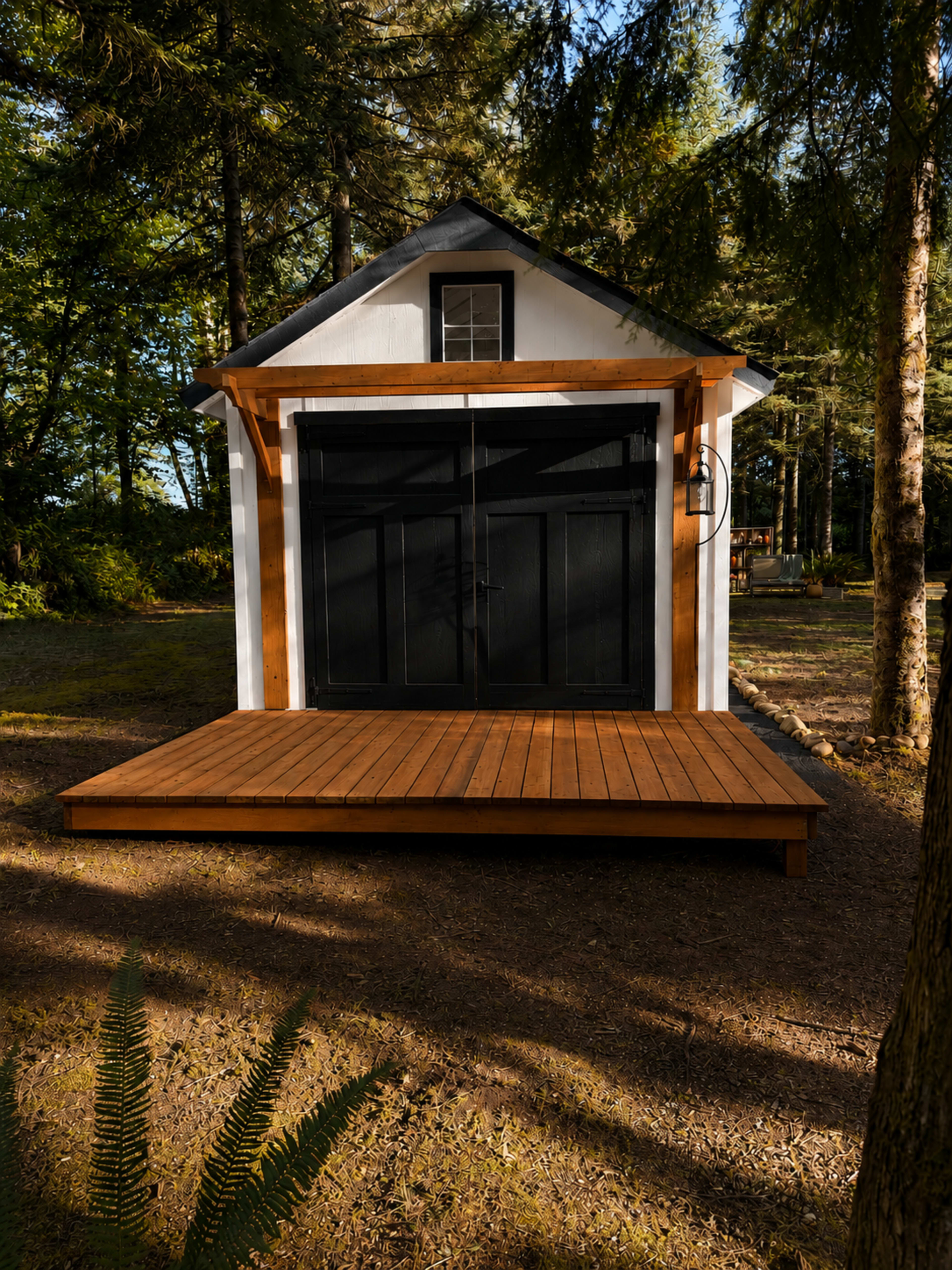 The image shows a small, modern cabin with a black door and wooden deck, set among trees in a forested area.