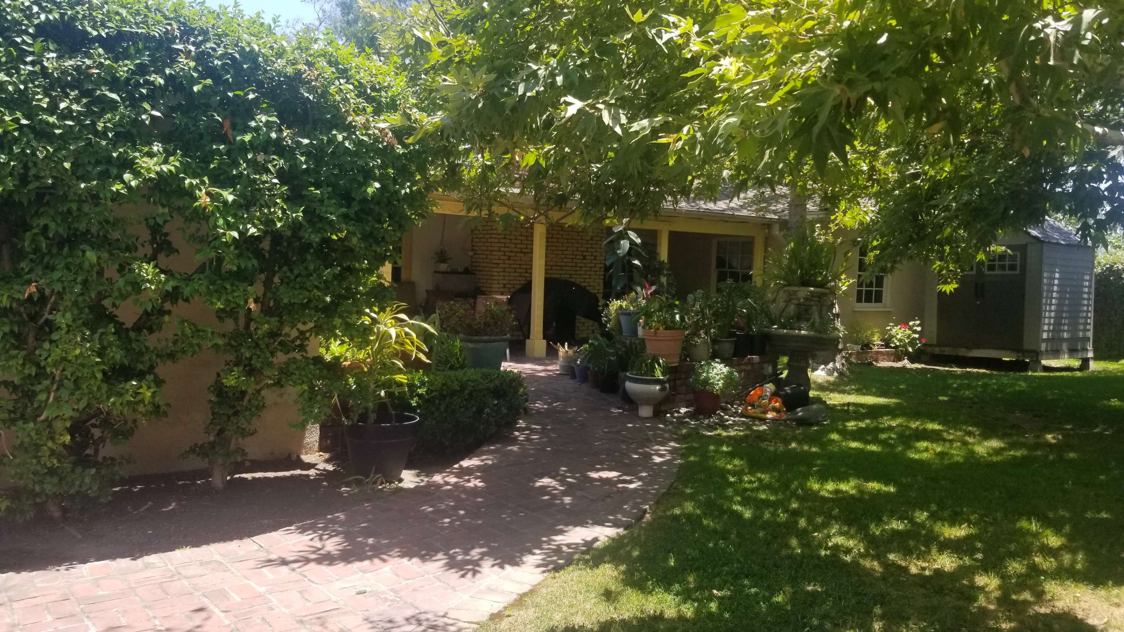 A garden path lined with potted plants leads to a house surrounded by trees and shrubs.