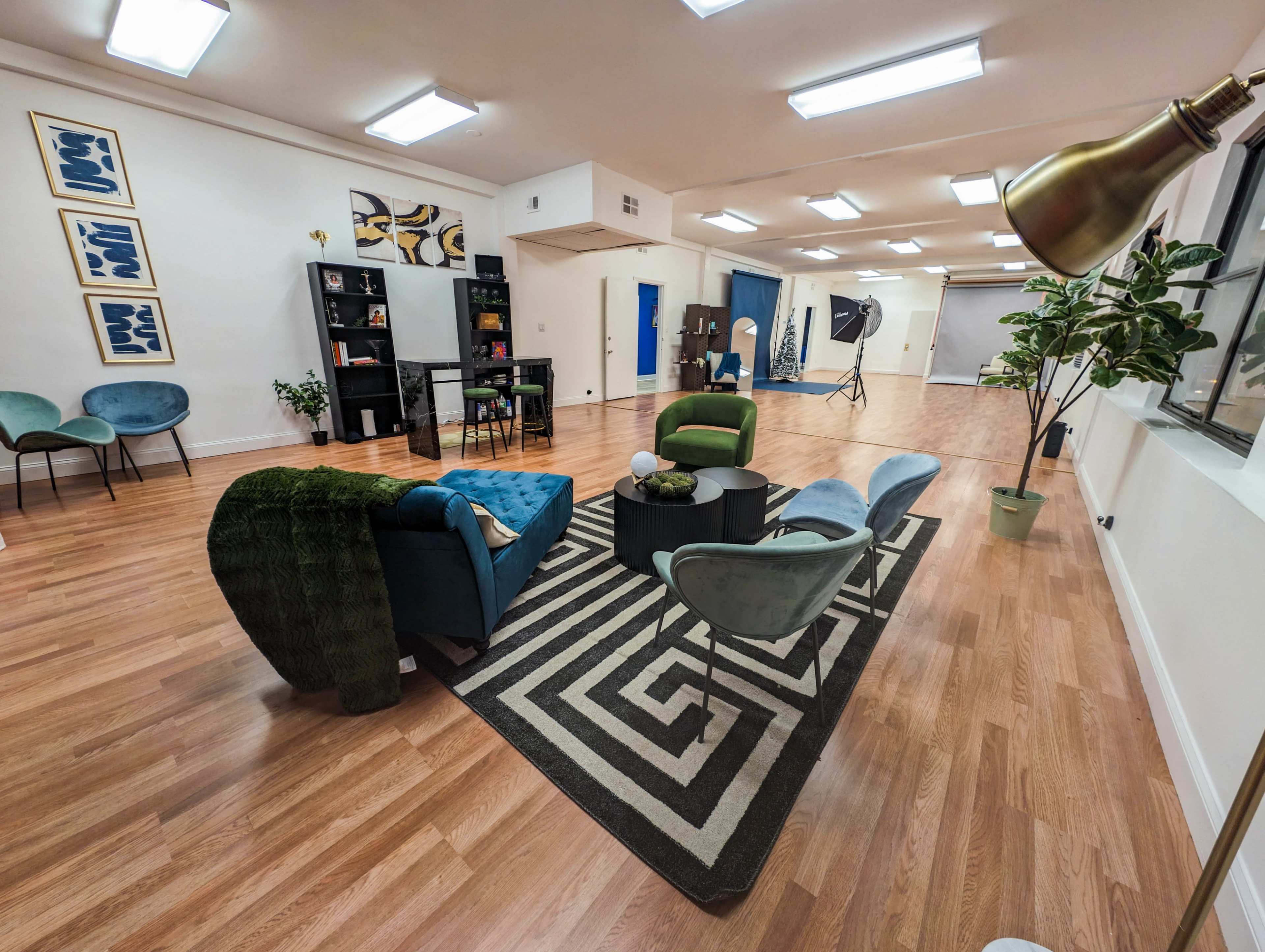 A spacious, well-lit room with a patterned area rug, multiple seating options, a bookshelf, and a backdrop setup in a corner.