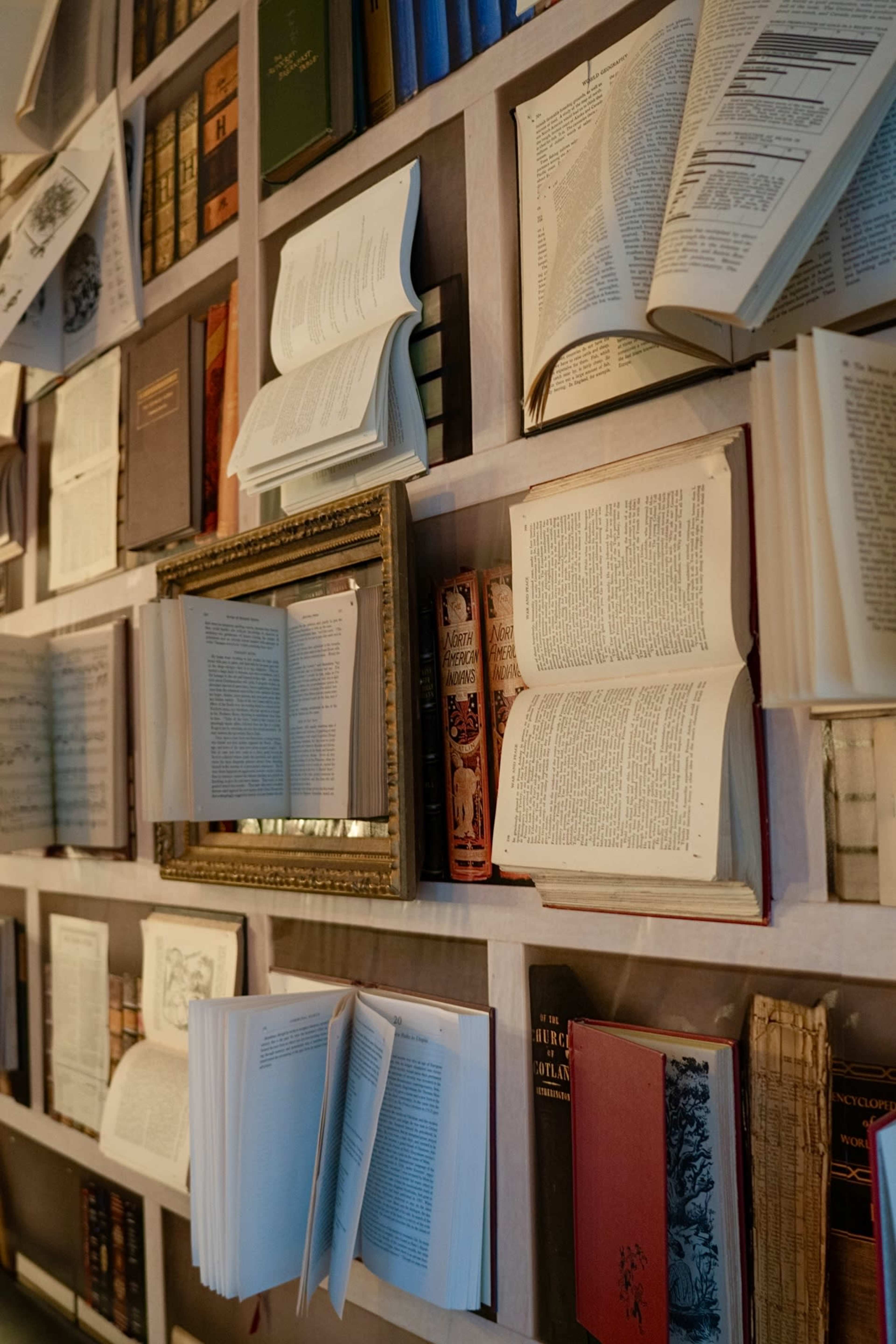 A wall displays an arrangement of various books, with some pages opened and others stacked vertically.