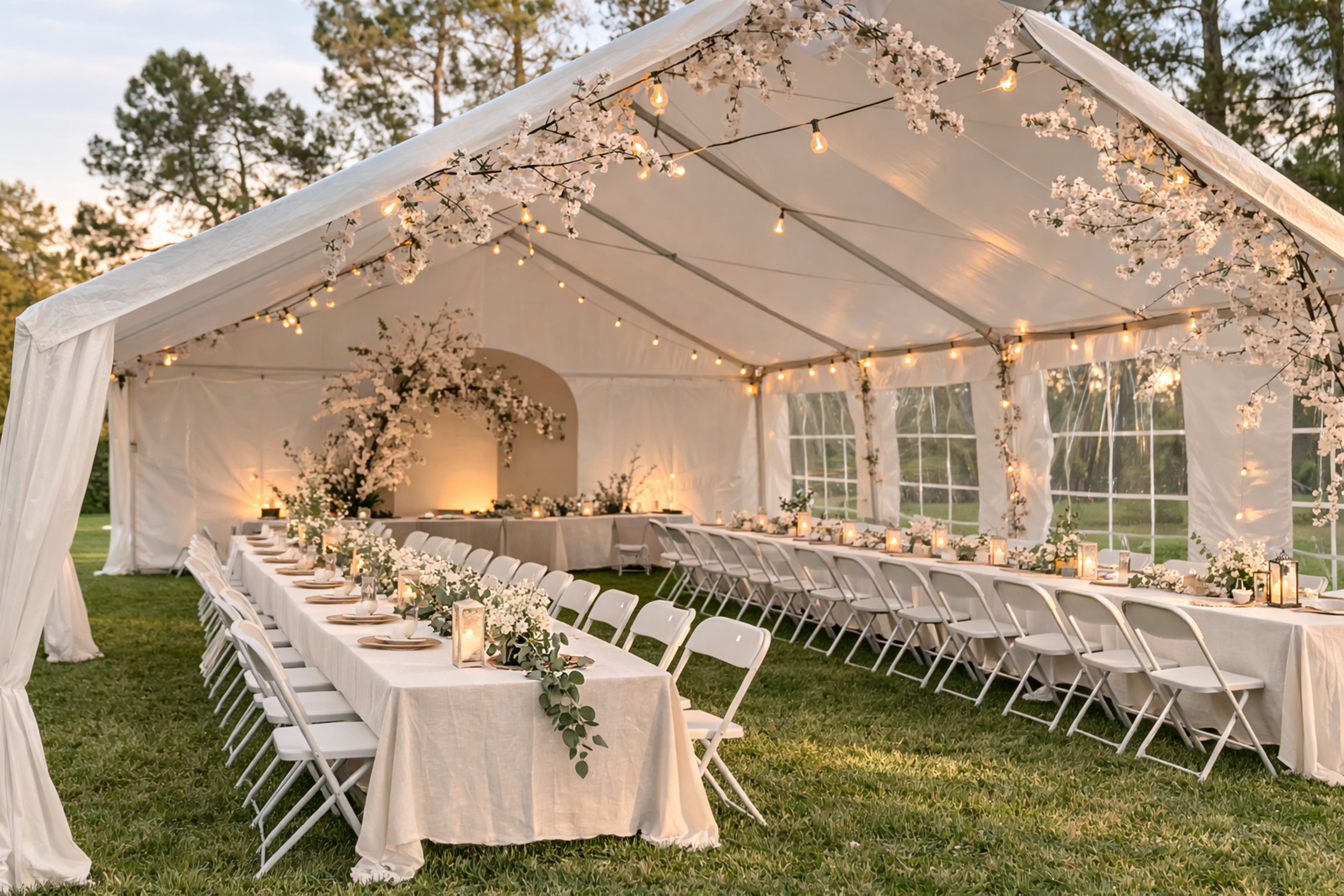 A large white tent is set up on a grassy area, decorated with string lights and floral arrangements, featuring rows of long tables elegantly covered in light fabric.