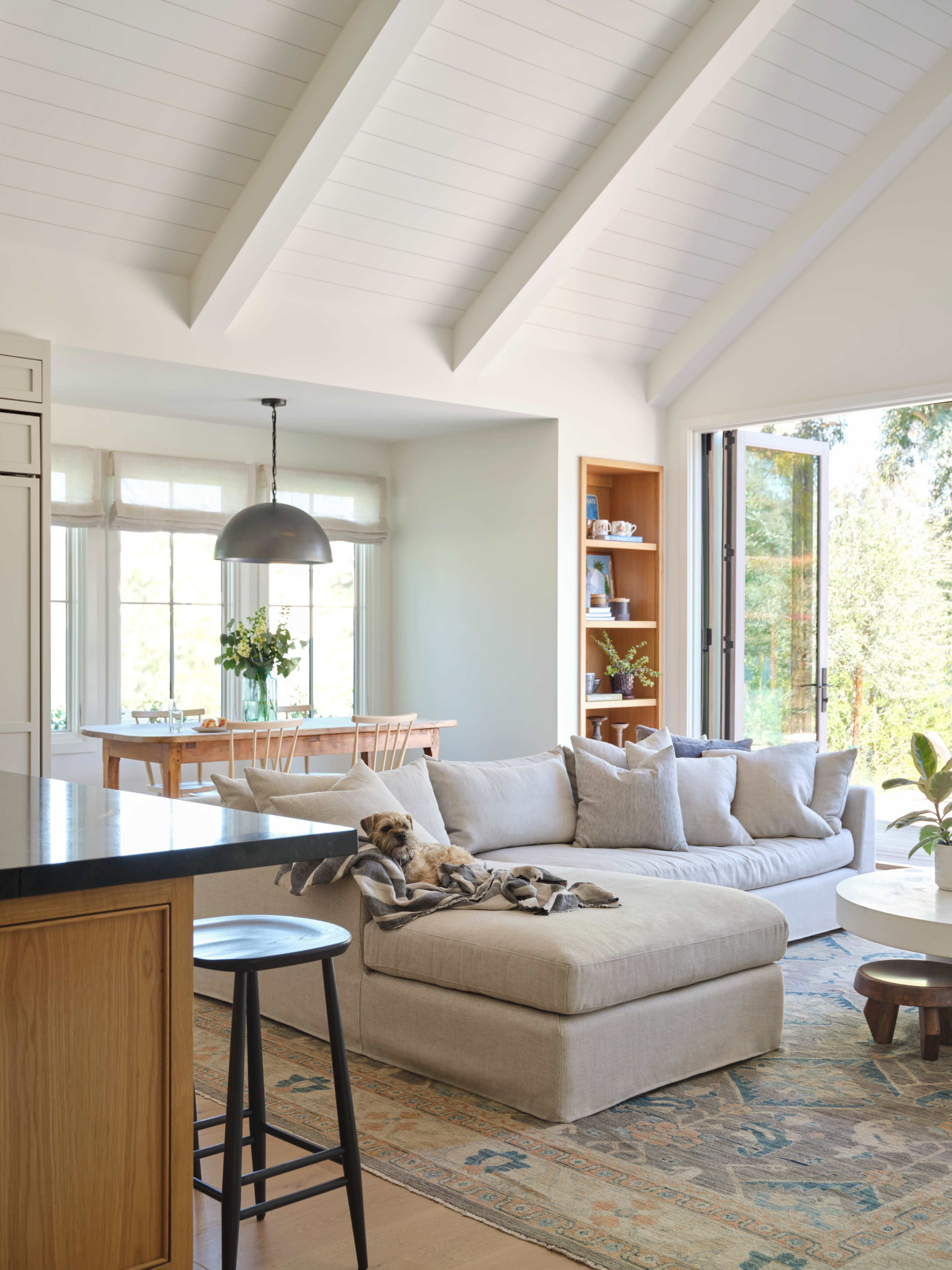 A cozy living room features a sectional sofa, an area rug, and a seamless transition to a dining area with large windows and a wooden table.