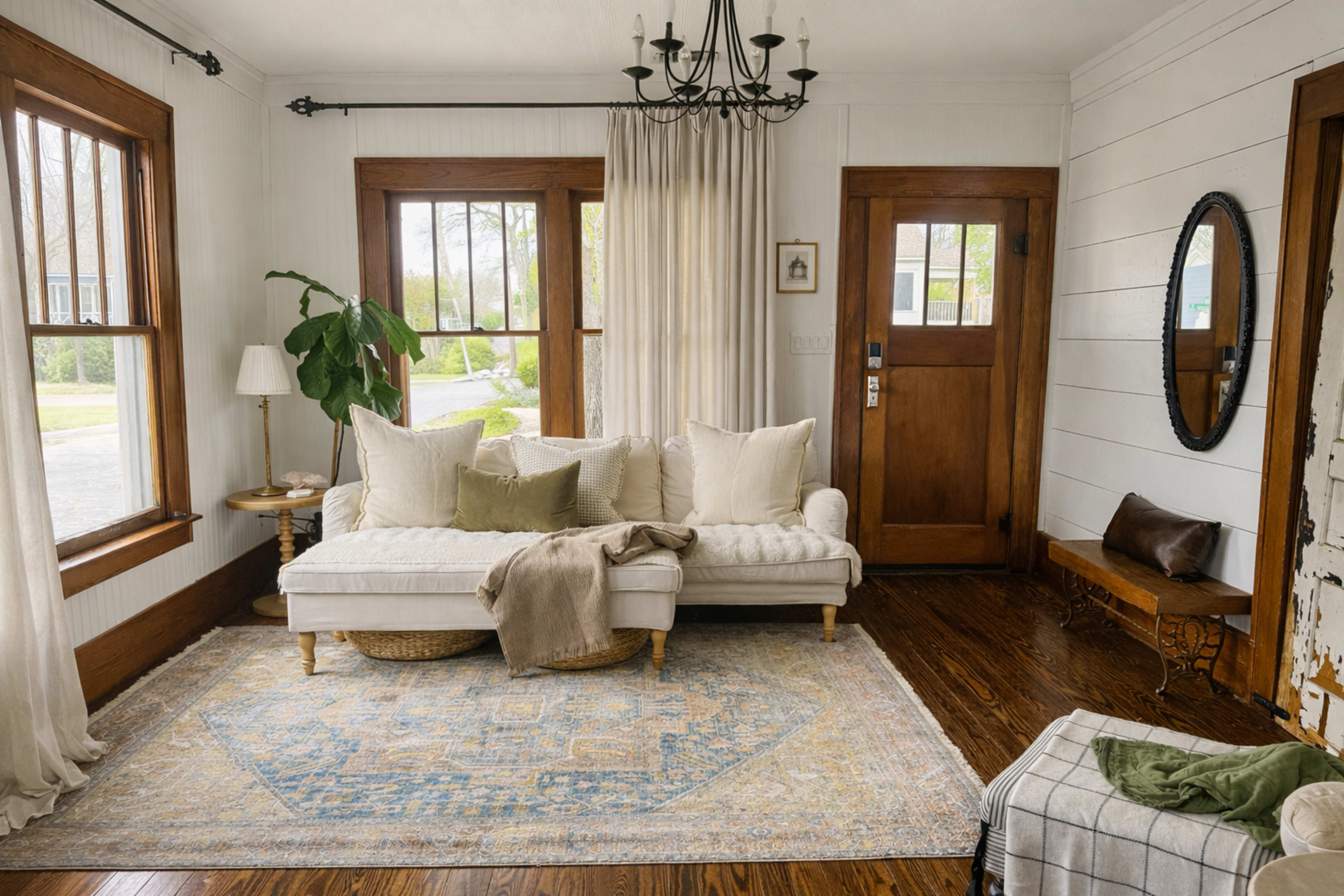 The image shows a cozy living room featuring a white sofa with several pillows, a round coffee table, a potted plant, and large windows allowing natural light to illuminate the space.