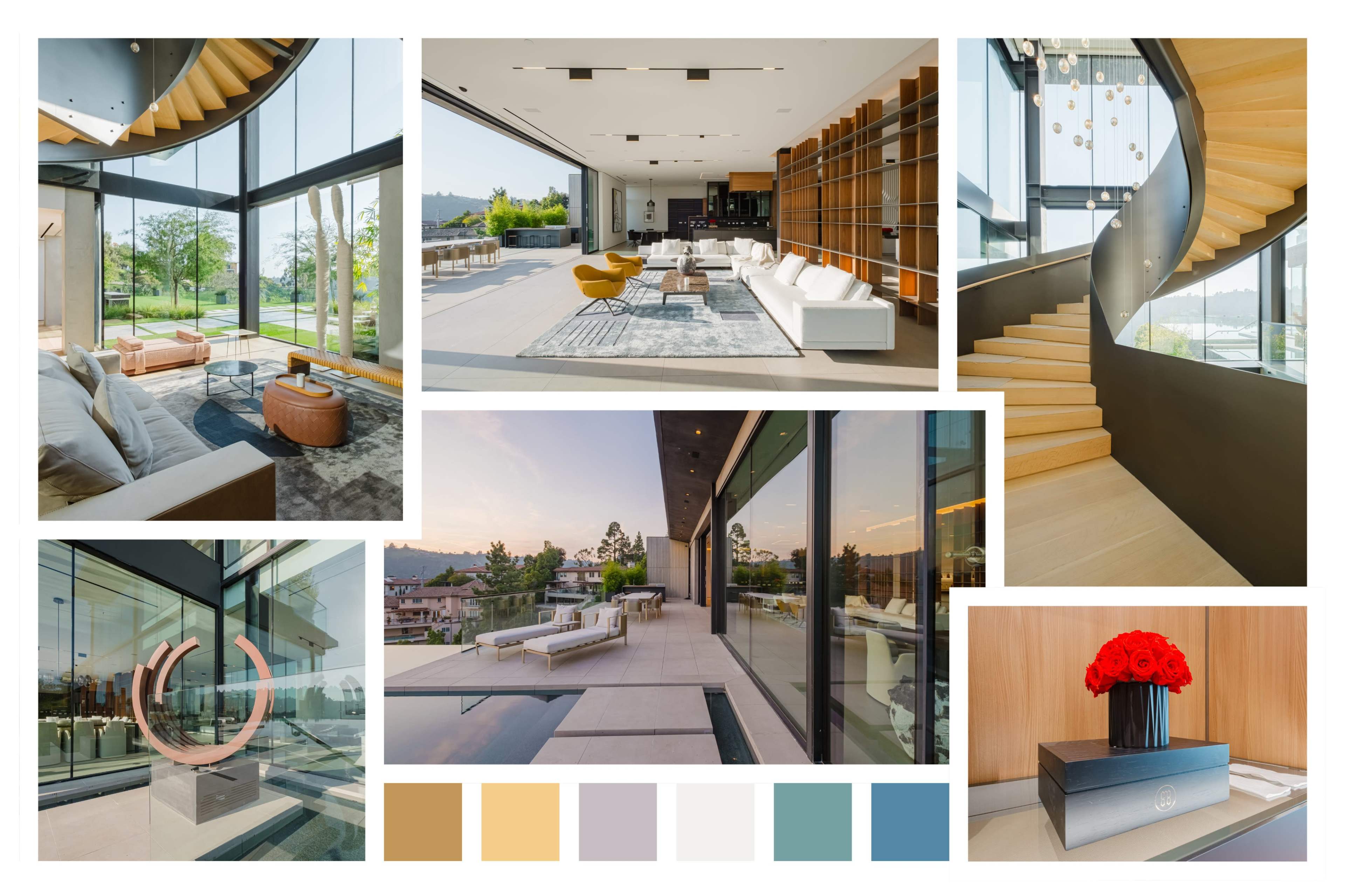 A modern interior space featuring large glass windows, a spiral staircase, a spacious living area, and an outdoor terrace with sleek furnishings.
