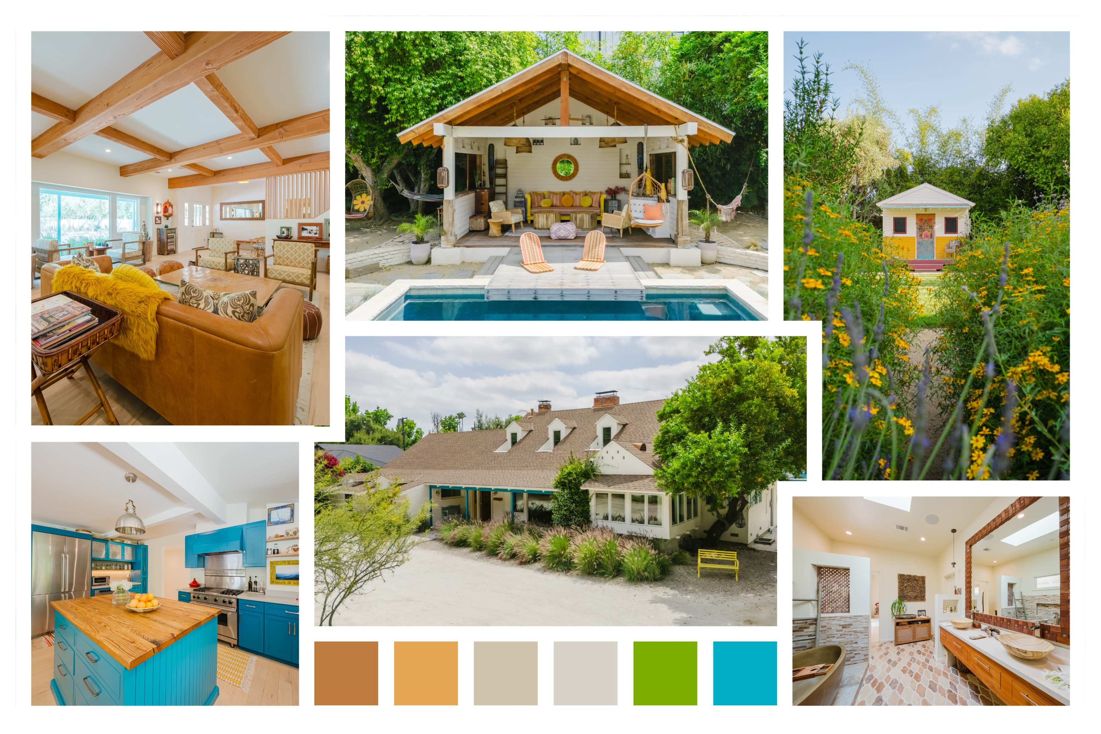 A collection of scenes, including a cozy living room, a charming outdoor lounging area by a pool, a small garden shed, and various views of a spacious house surrounded by greenery.