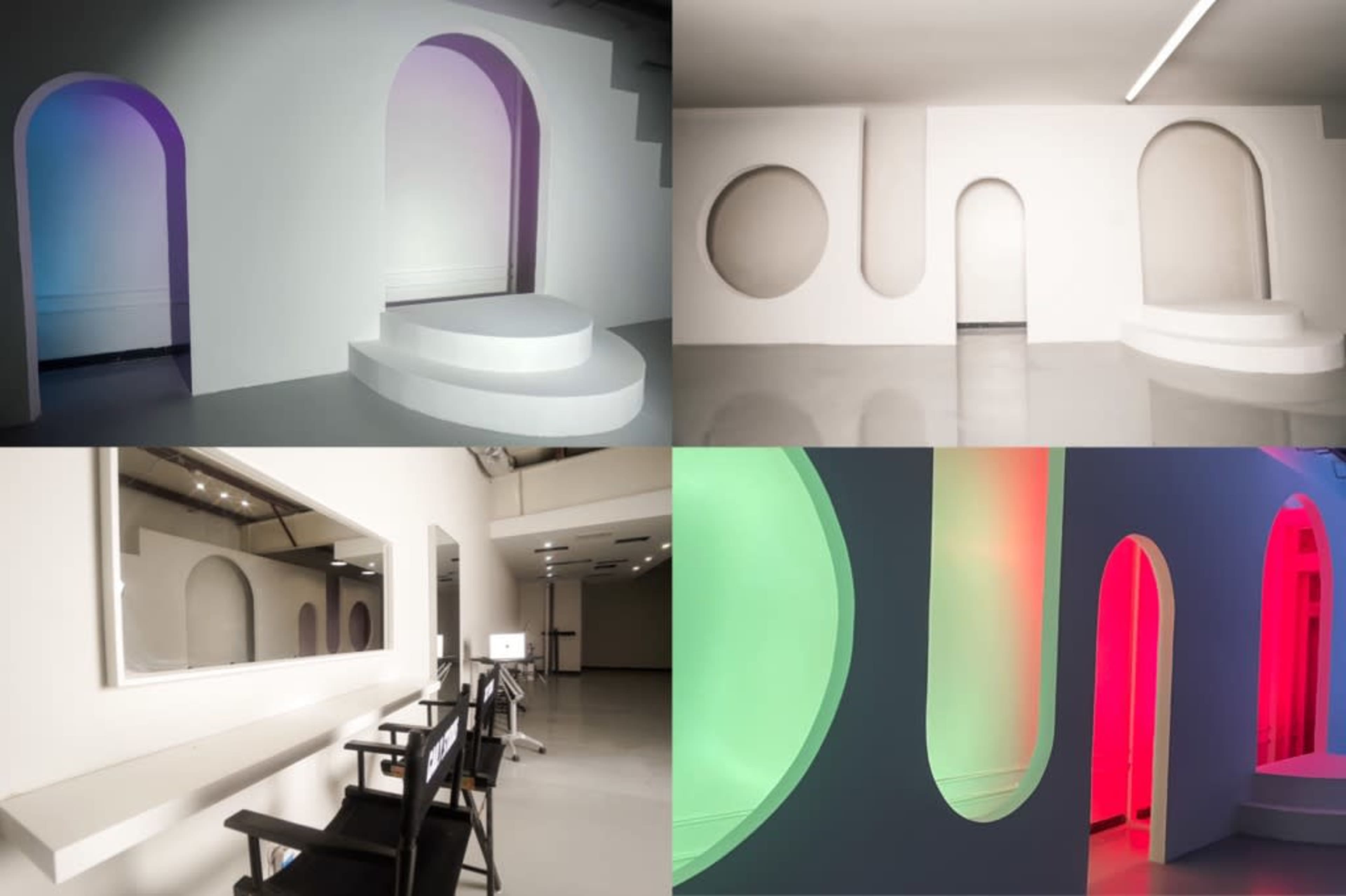 The image features a modern studio space with geometric archways, circular cutouts, and sections illuminated in various colors.