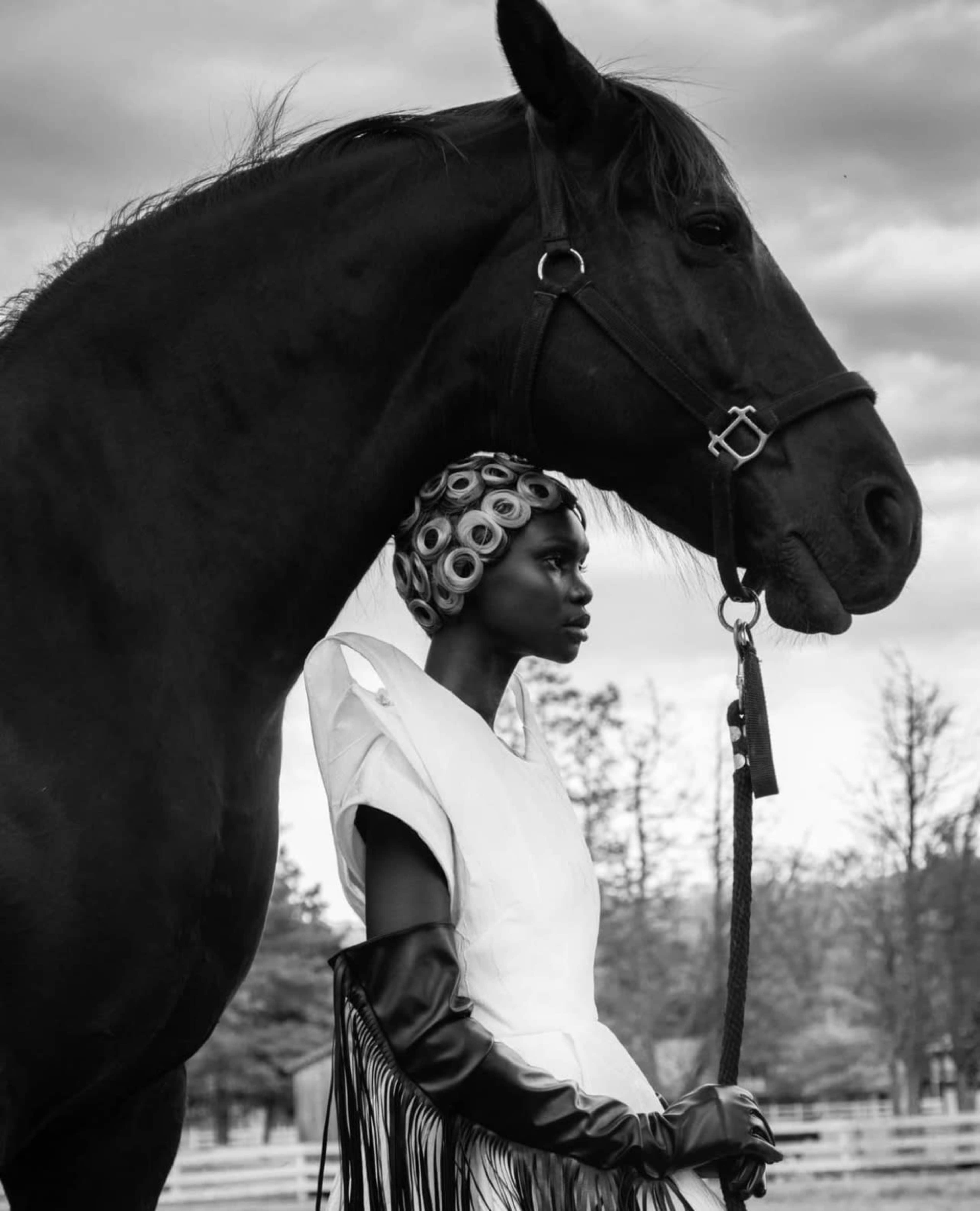 A woman stands beside a large black horse against a cloudy background.