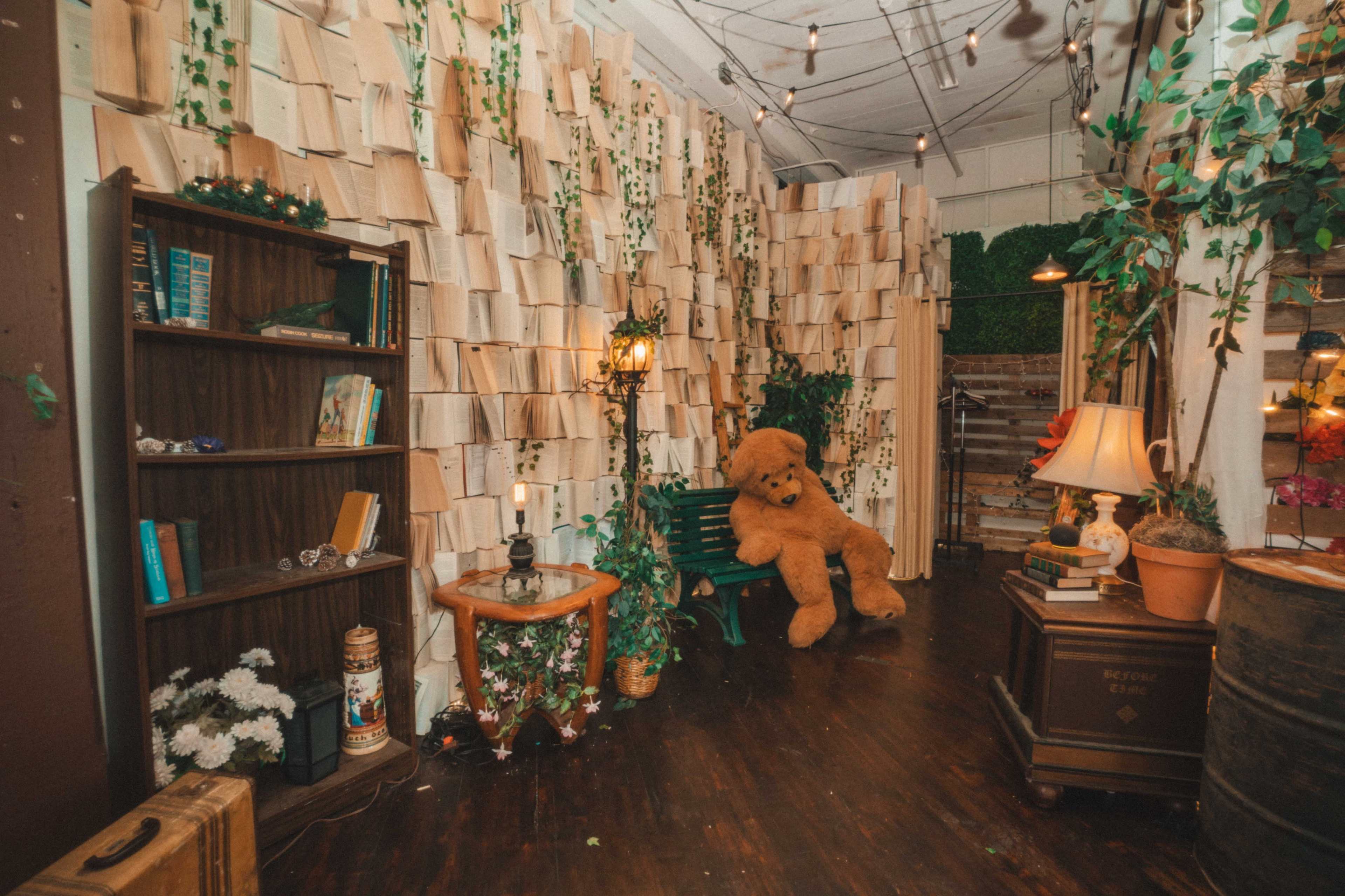 The image shows a cozy corner decorated with wooden panels, greenery, bookshelves, and a large teddy bear sitting on a green bench.