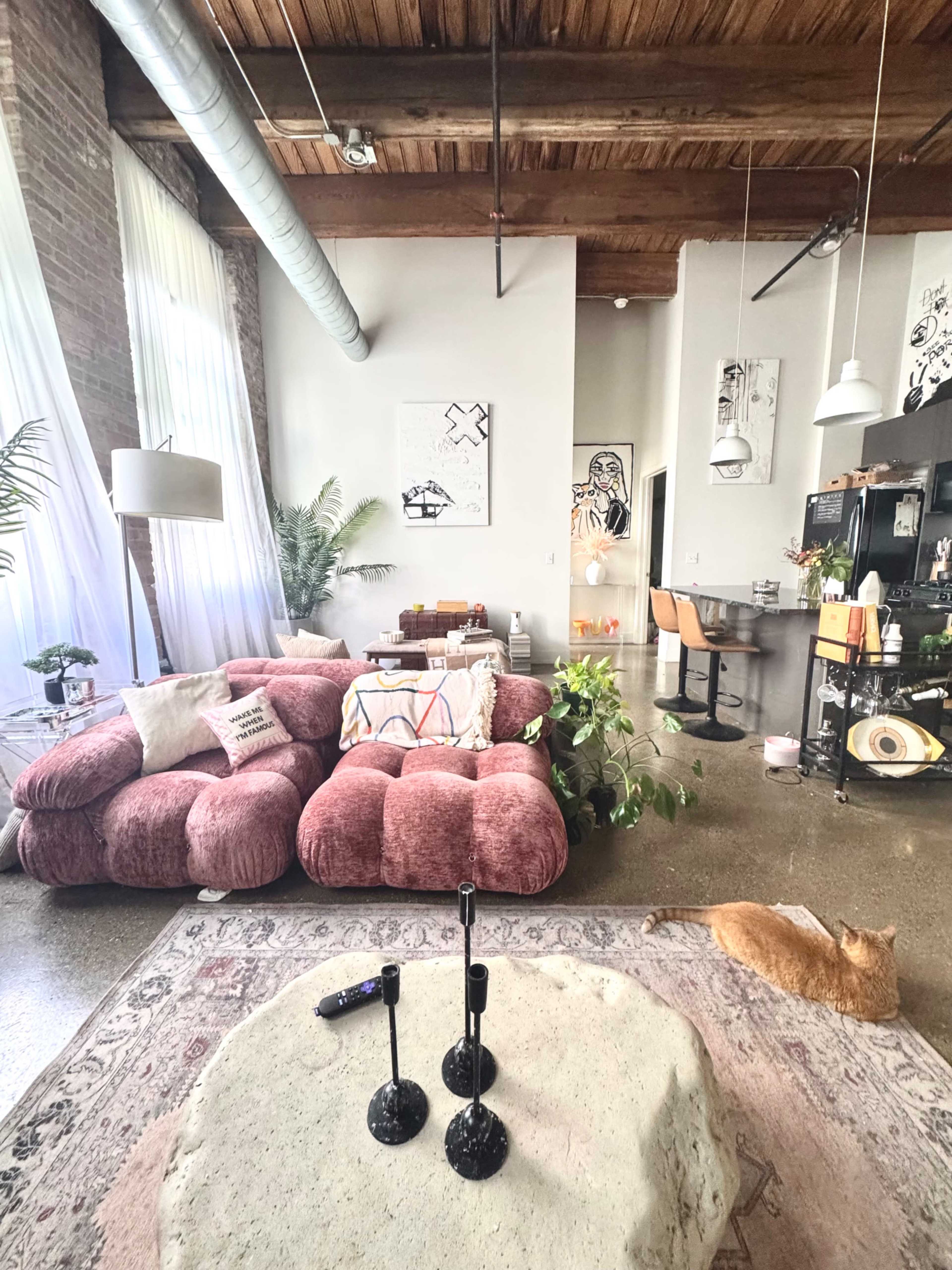 The scene features a spacious living area with a pink sofa, a large stone coffee table, and a cat resting on a patterned rug, alongside various plants and contemporary art on the walls.