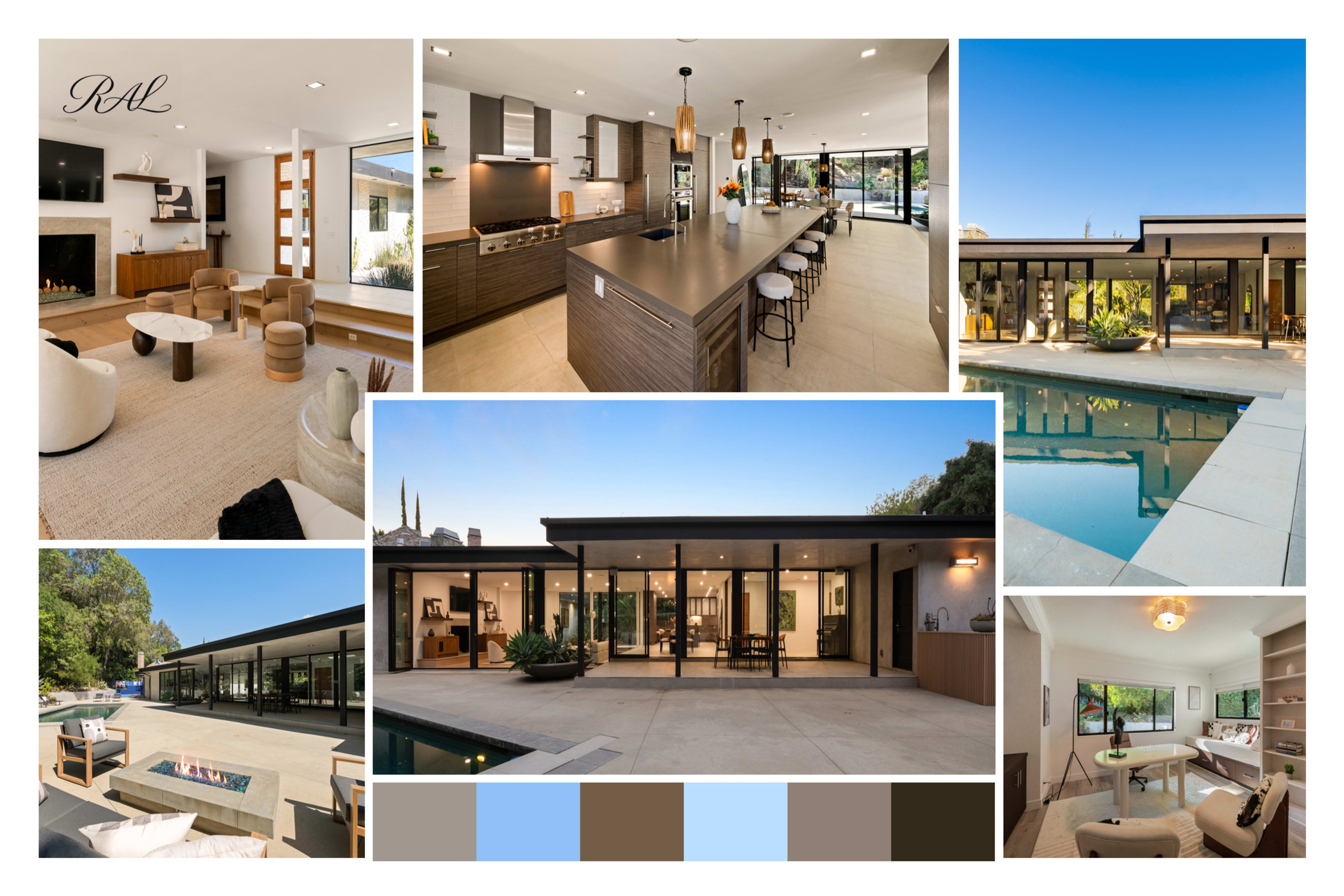 The image displays a modern residential interior and exterior, featuring an open-concept kitchen, living area, patio, and pool surrounded by minimalistic architecture.