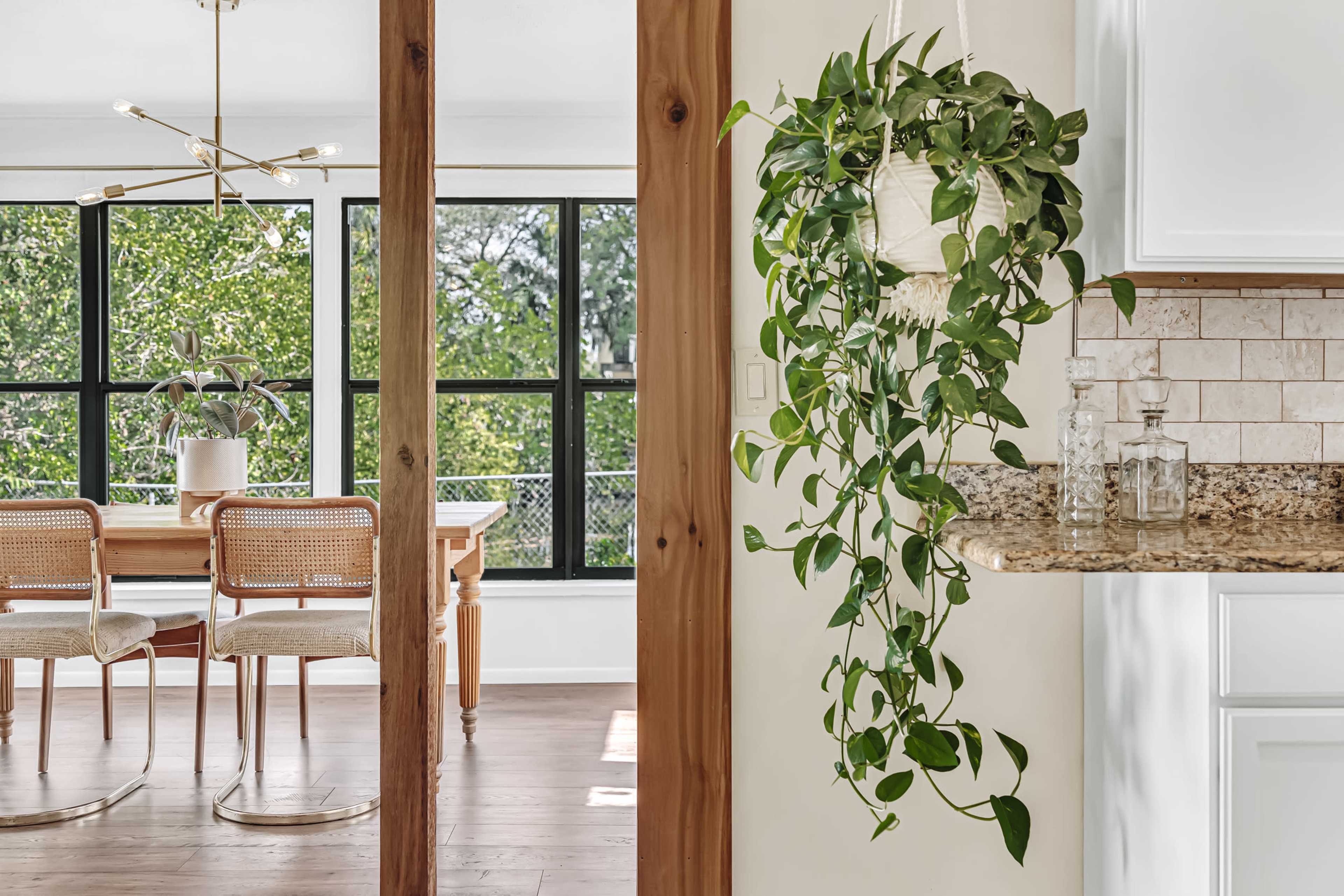 A bright room with a dining area featuring a wooden table and chairs next to a kitchen with a granite countertop and hanging potted plant.
