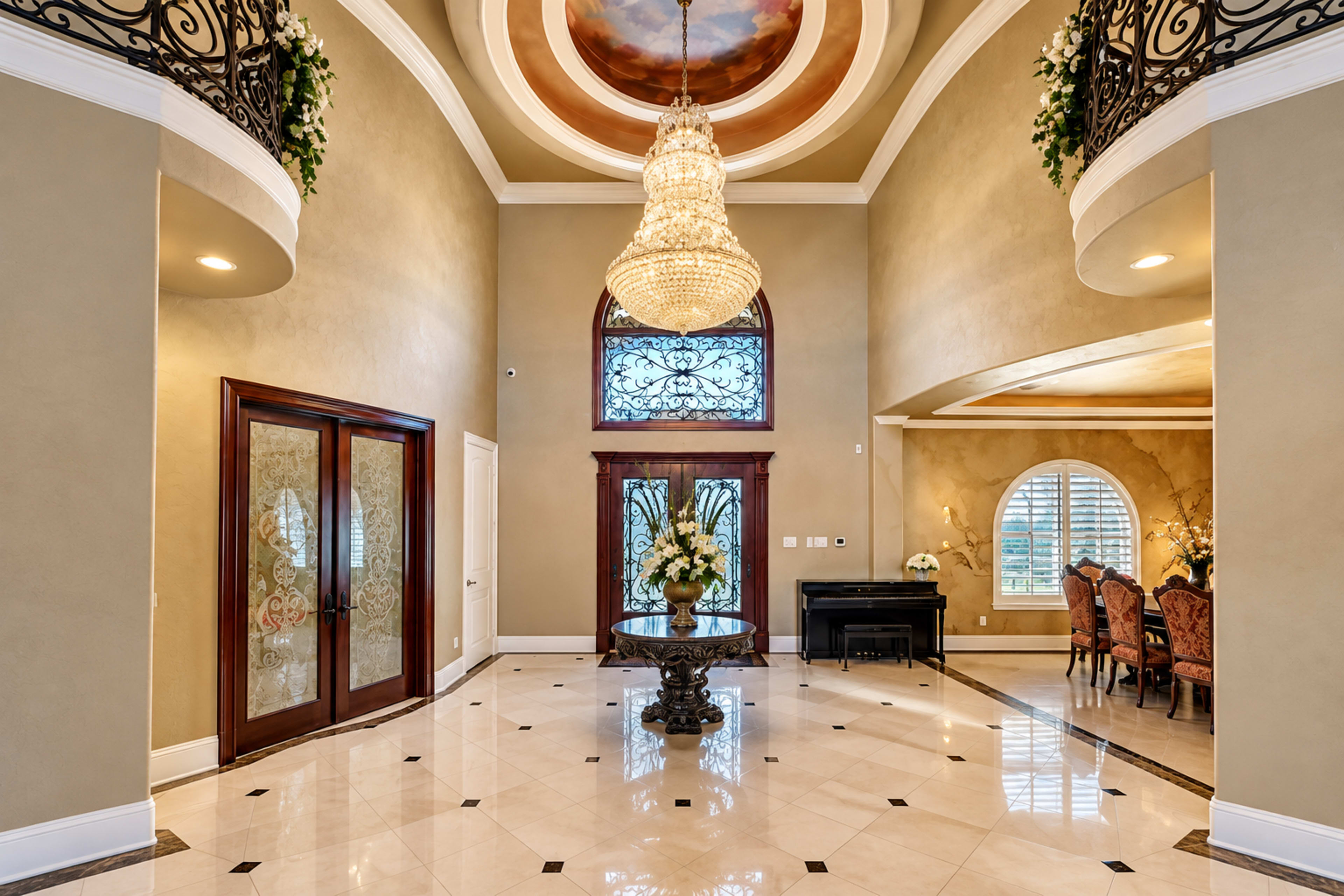 The image shows a spacious and elegantly designed foyer with a grand chandelier, intricate railings, and a round table with a flower arrangement, leading to a dining area and piano in the background.