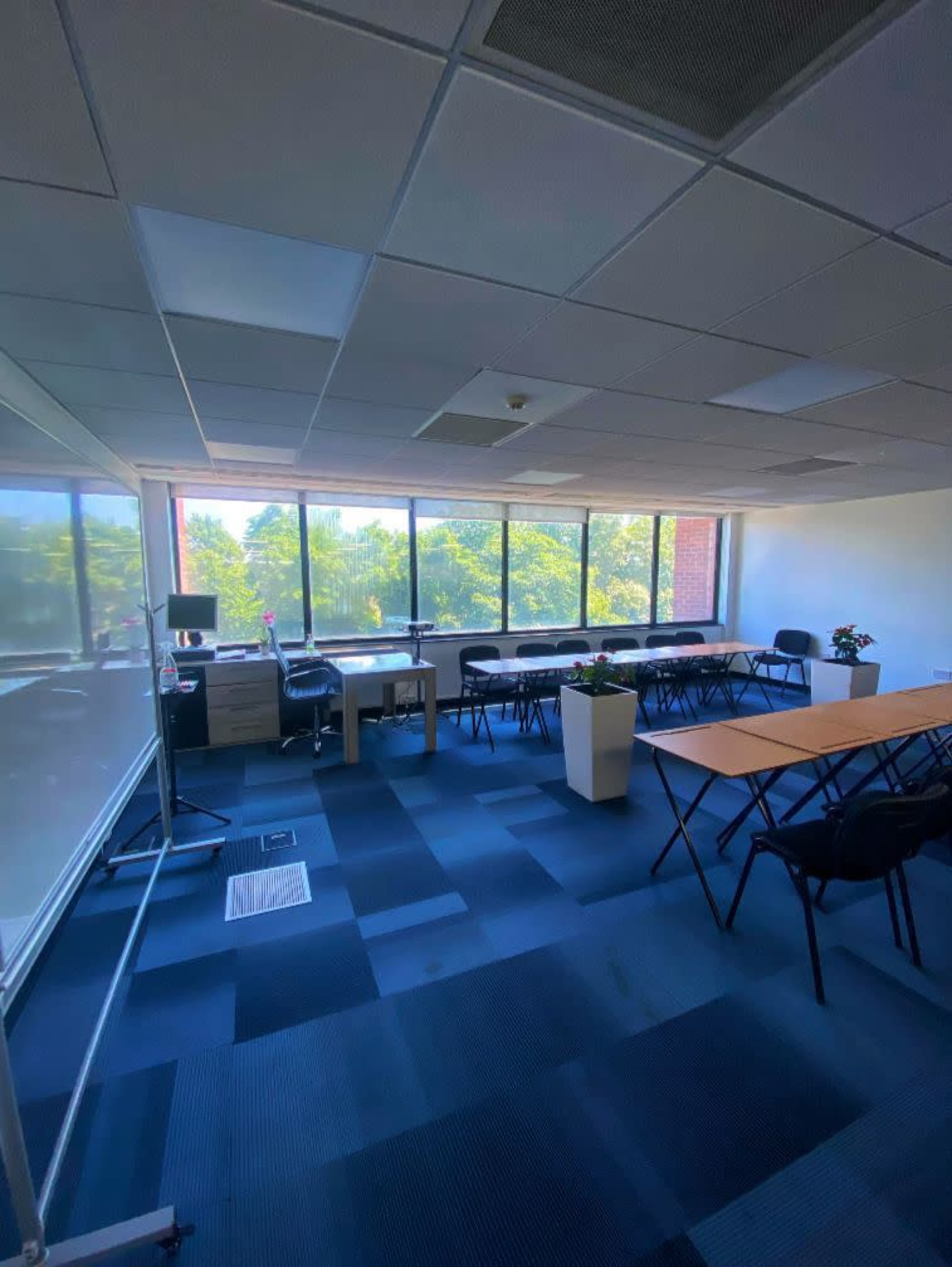 The image shows an office space with a table, chairs, and large windows allowing natural light to illuminate the room filled with greenery outside.