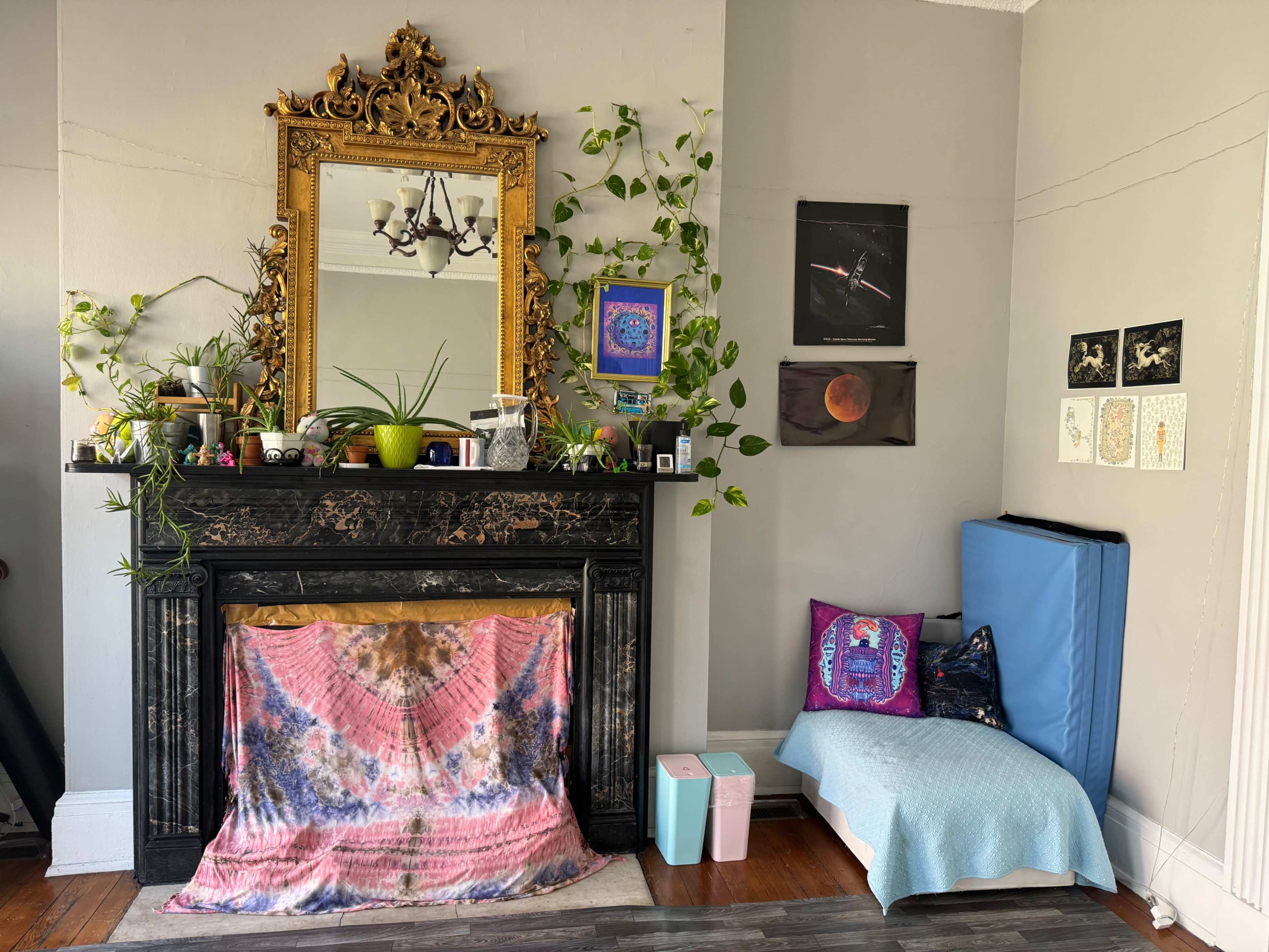 A decorated fireplace with a large ornate mirror above it, surrounded by plants, a colorful fabric draped in front, and a small seating area with cushions along the wall.