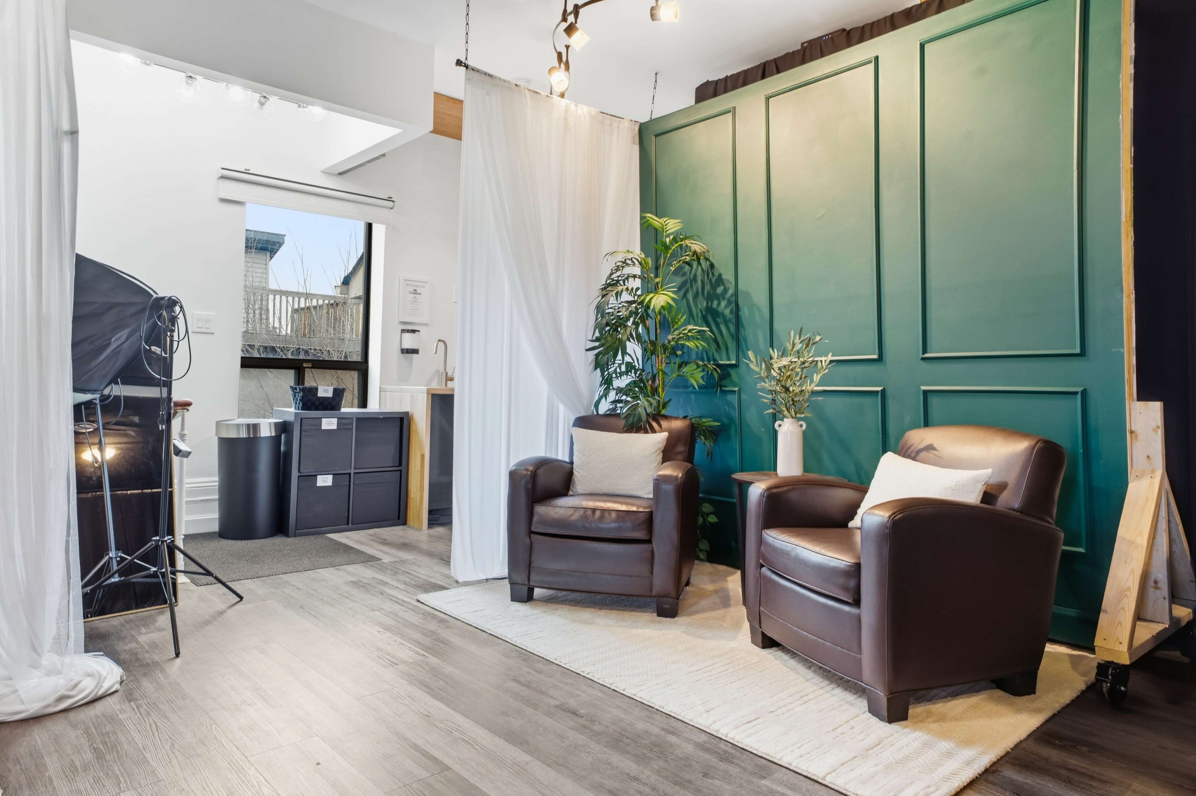 The image shows a cozy room setup with two brown leather armchairs placed on a light rug in front of a green backdrop, accompanied by a potted plant and a lighting setup.