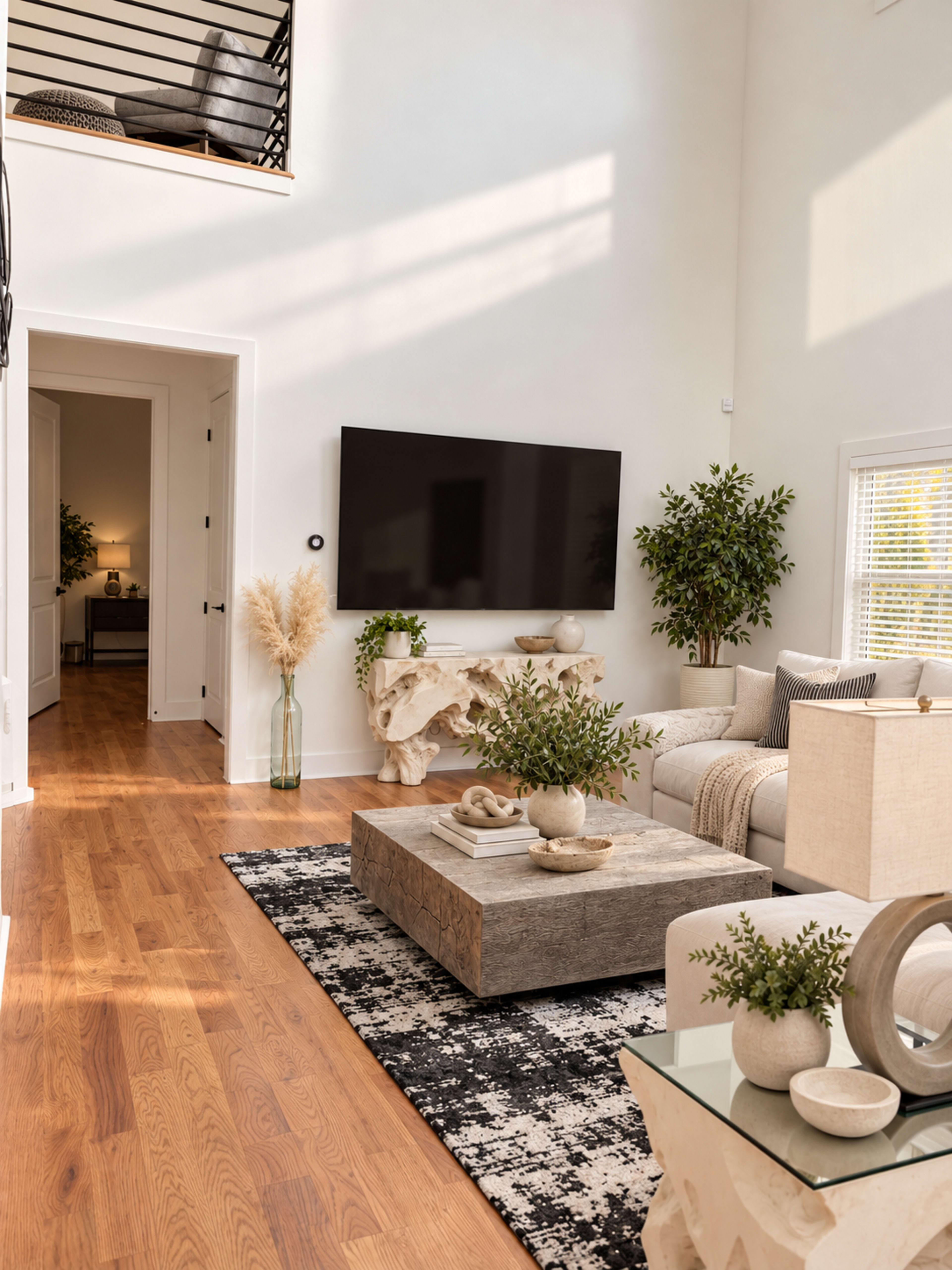 The image shows a spacious living room with light walls, wooden flooring, a large coffee table, a gray sofa, potted plants, and a flat-screen TV mounted on the wall.