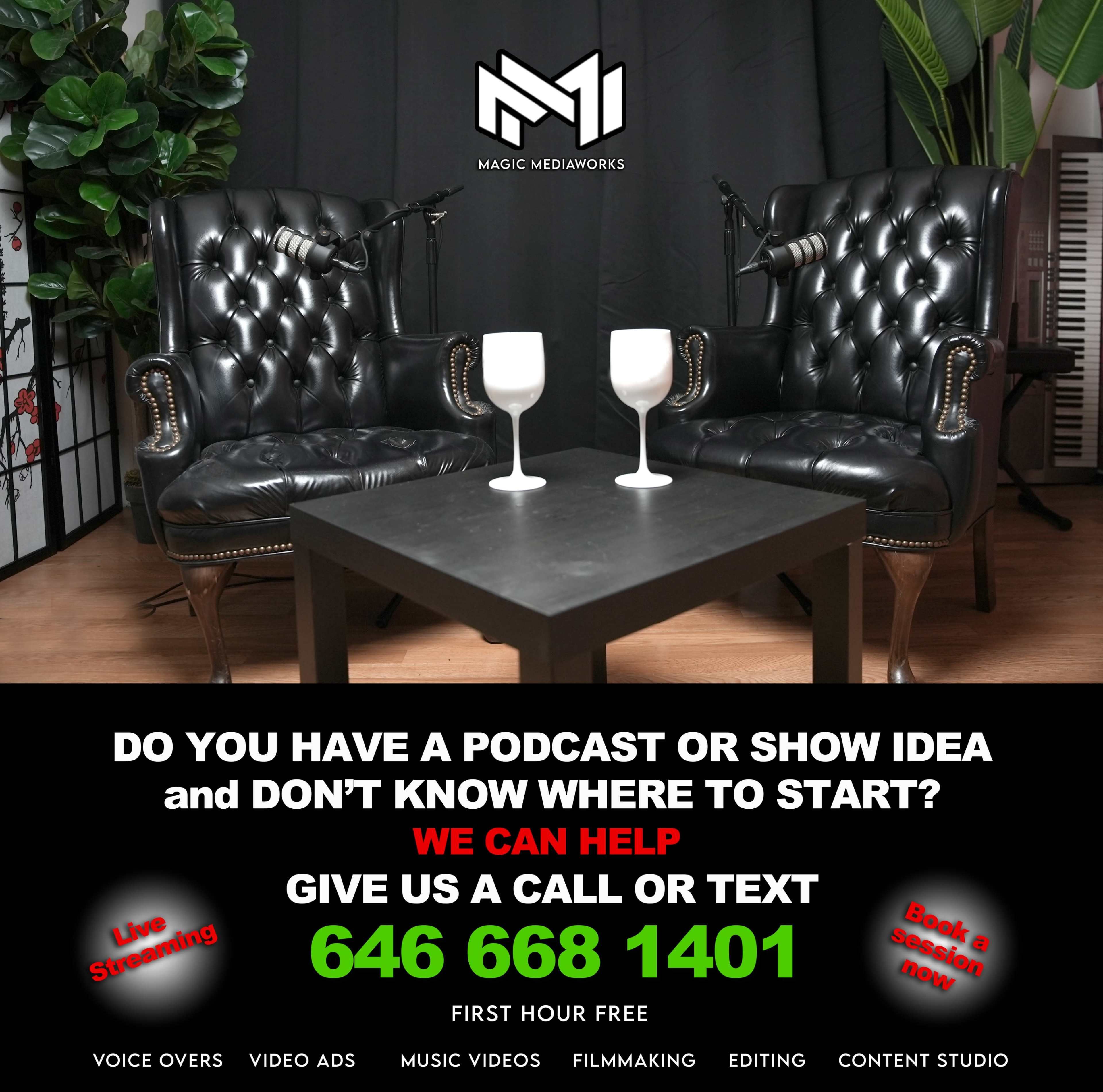 Two black leather chairs facing each other across a small table, with a backdrop displaying studio equipment and a call-to-action for podcast and video services.